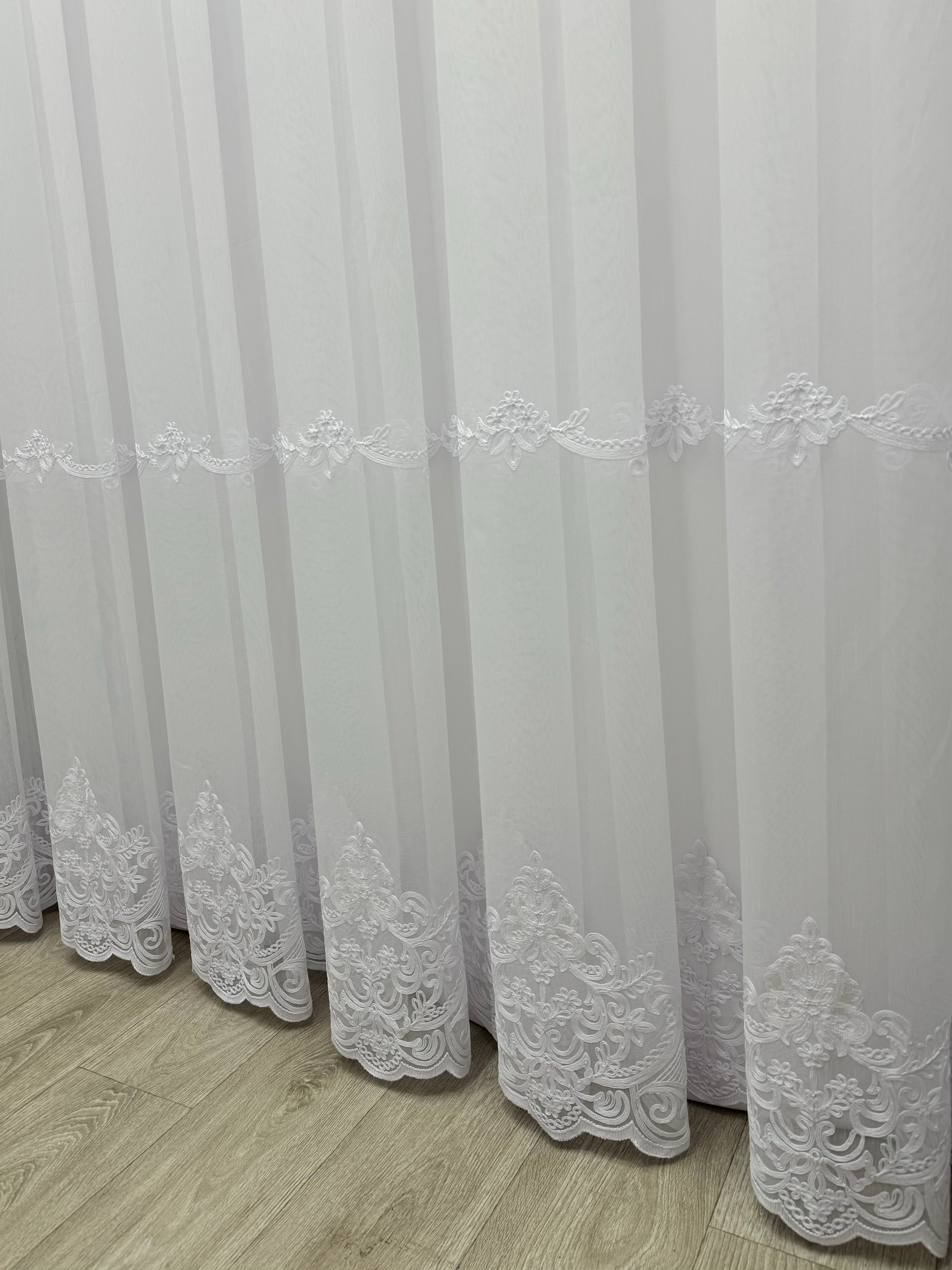Bamboo-based sheer curtain with embroidery on the bottom, white color