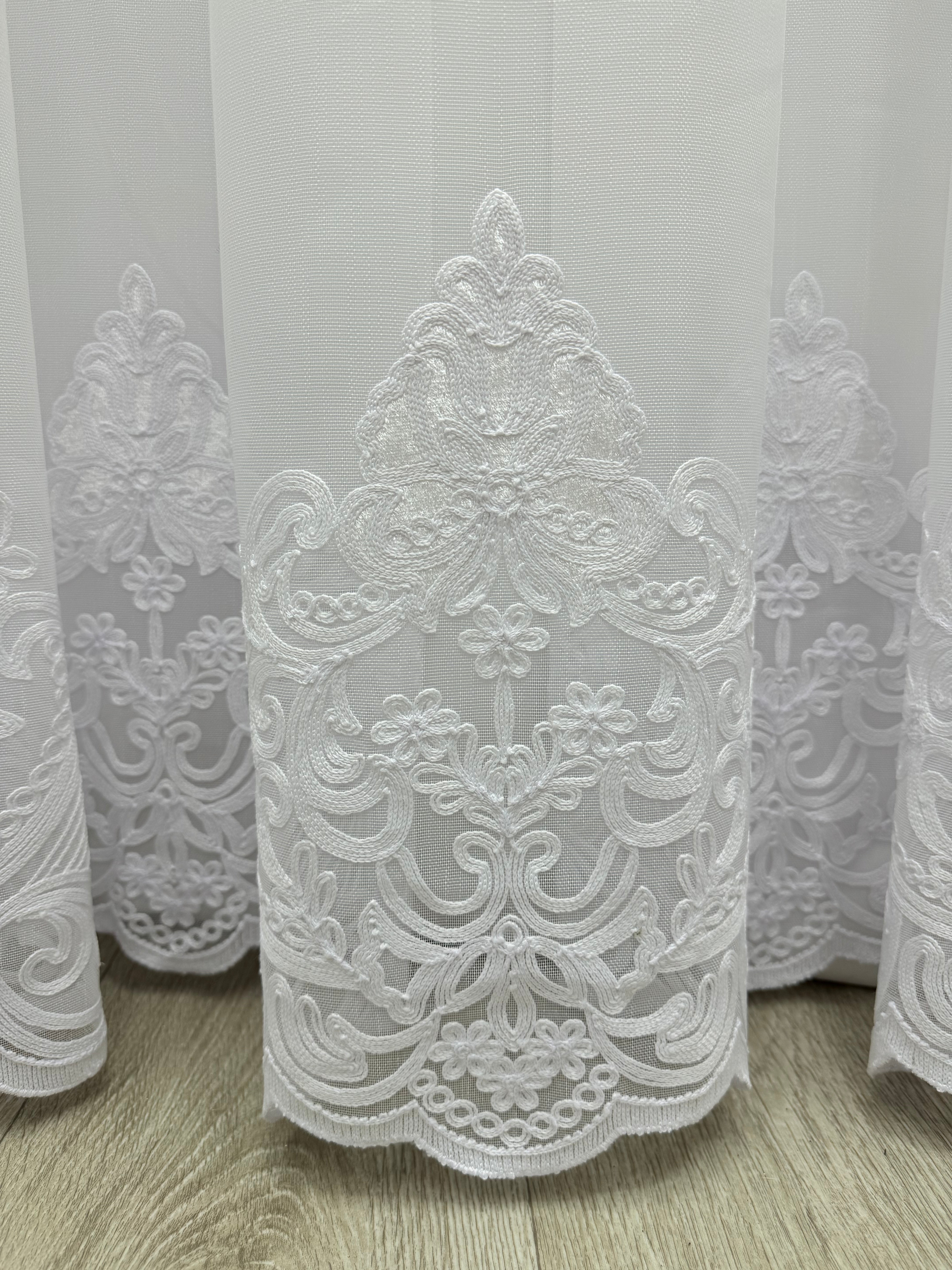 Bamboo-based sheer curtain with embroidery on the bottom, white color