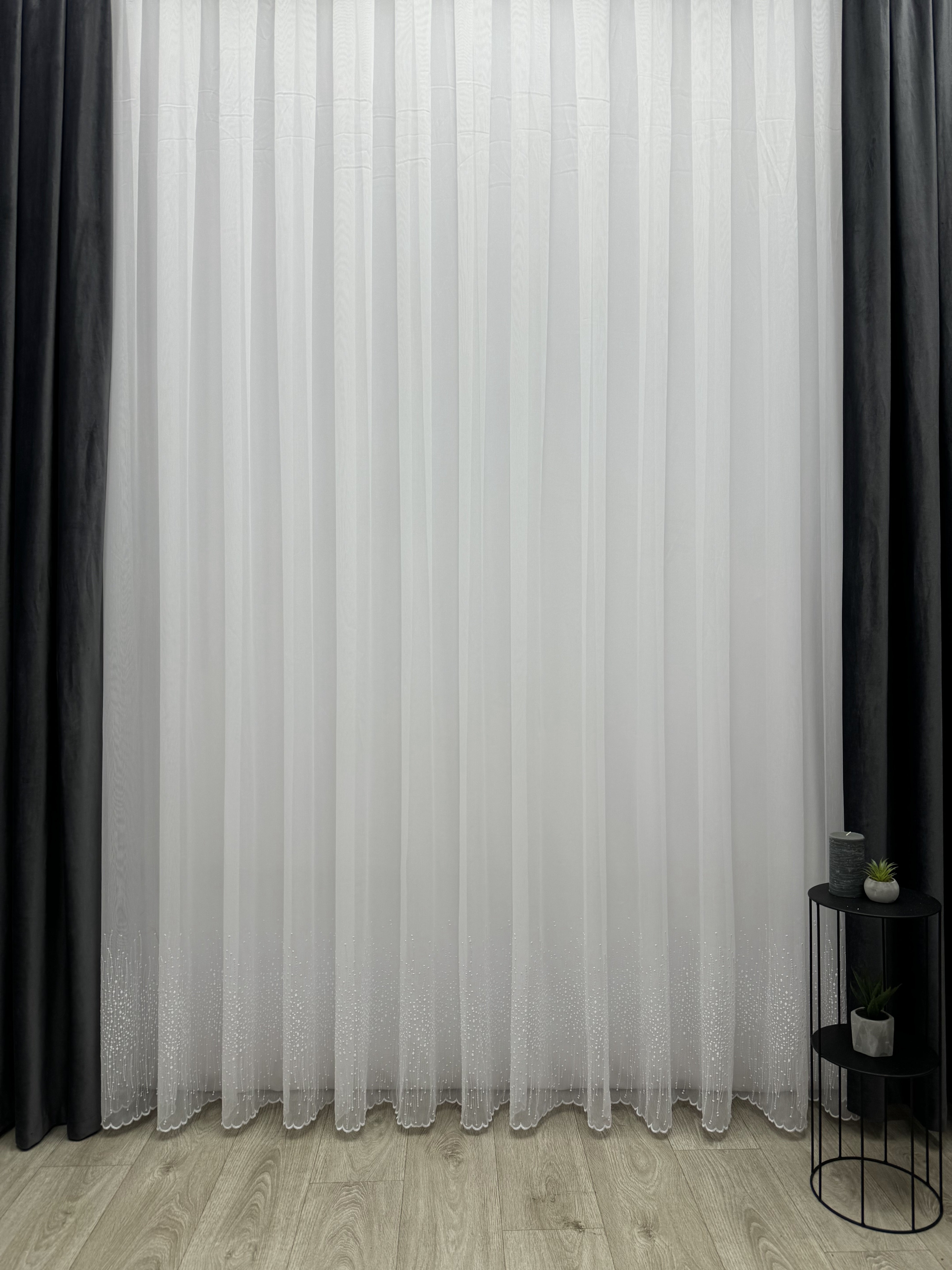 Bamboo-based sheer curtain with embroidery on the bottom, white color