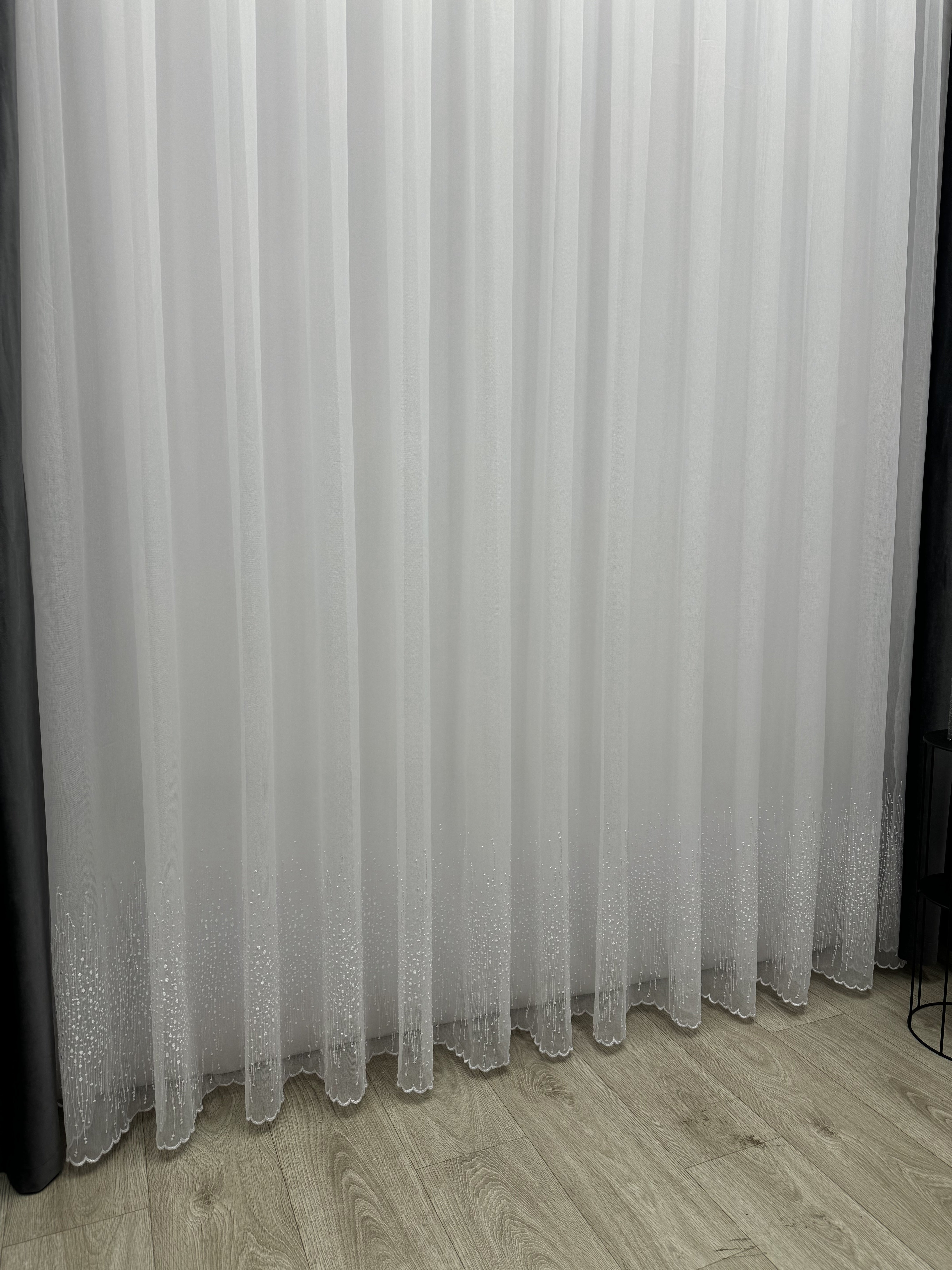 Bamboo-based sheer curtain with embroidery on the bottom, white color