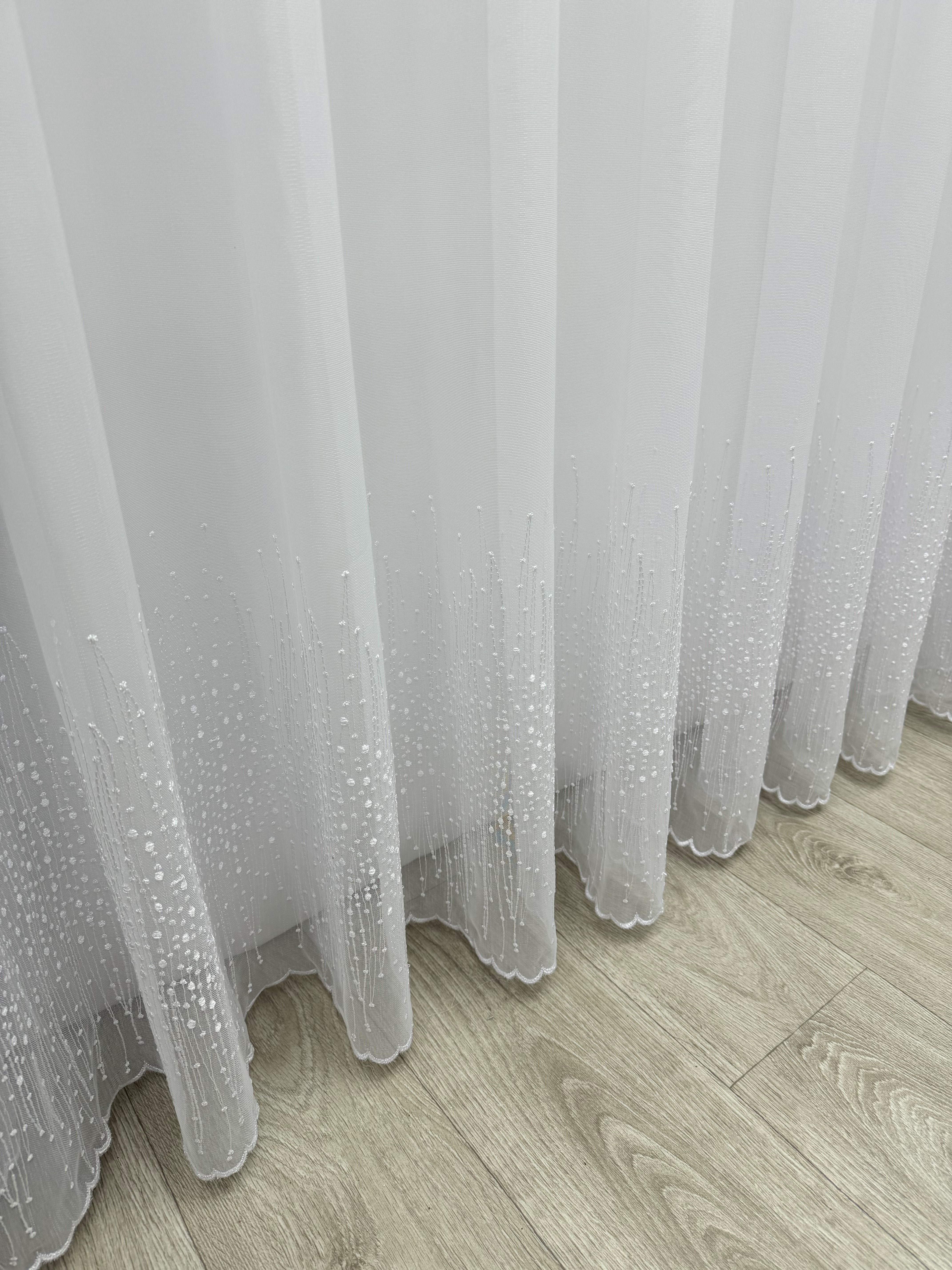 Bamboo-based sheer curtain with embroidery on the bottom, white color