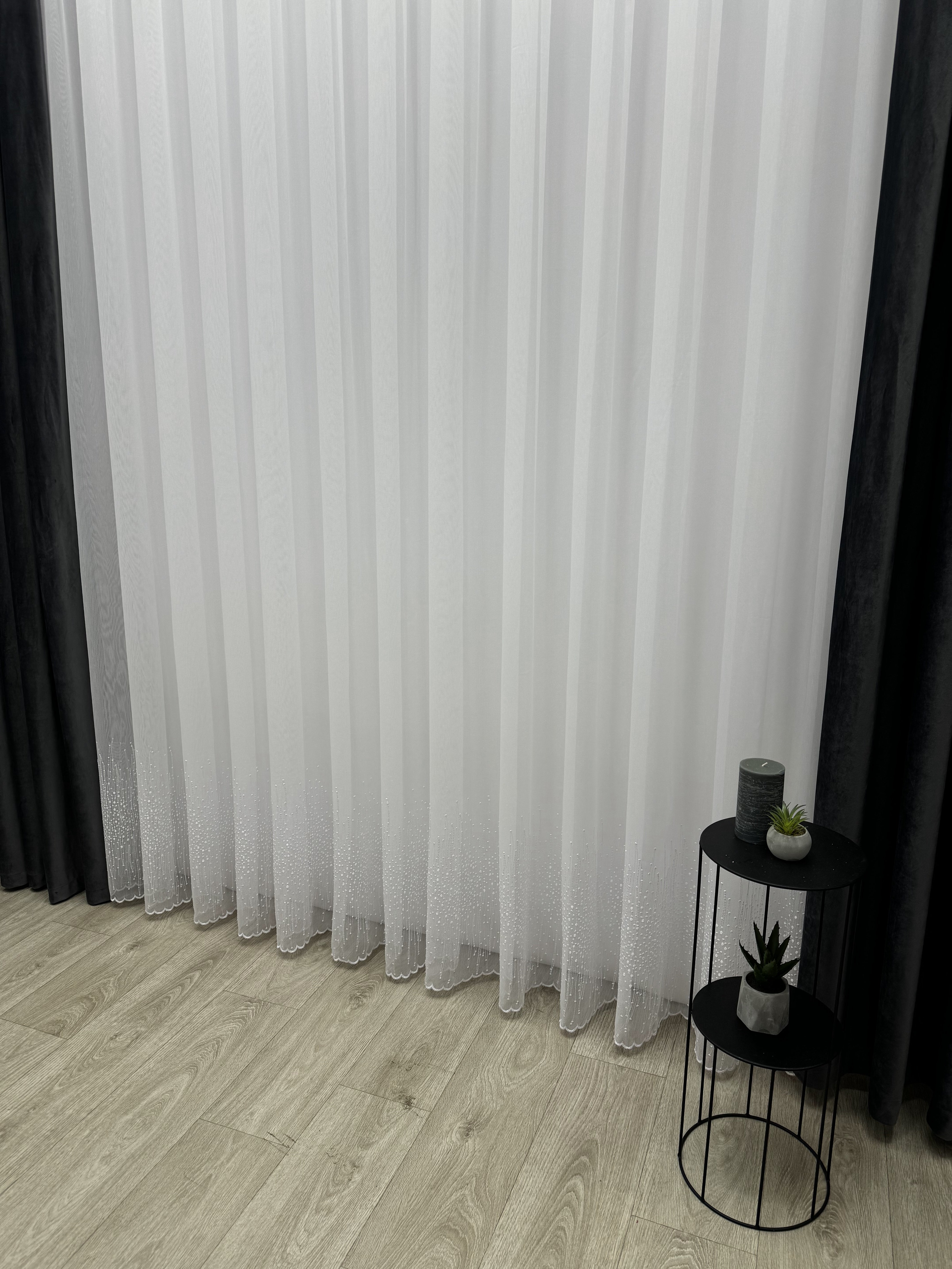 Bamboo-based sheer curtain with embroidery on the bottom, white color