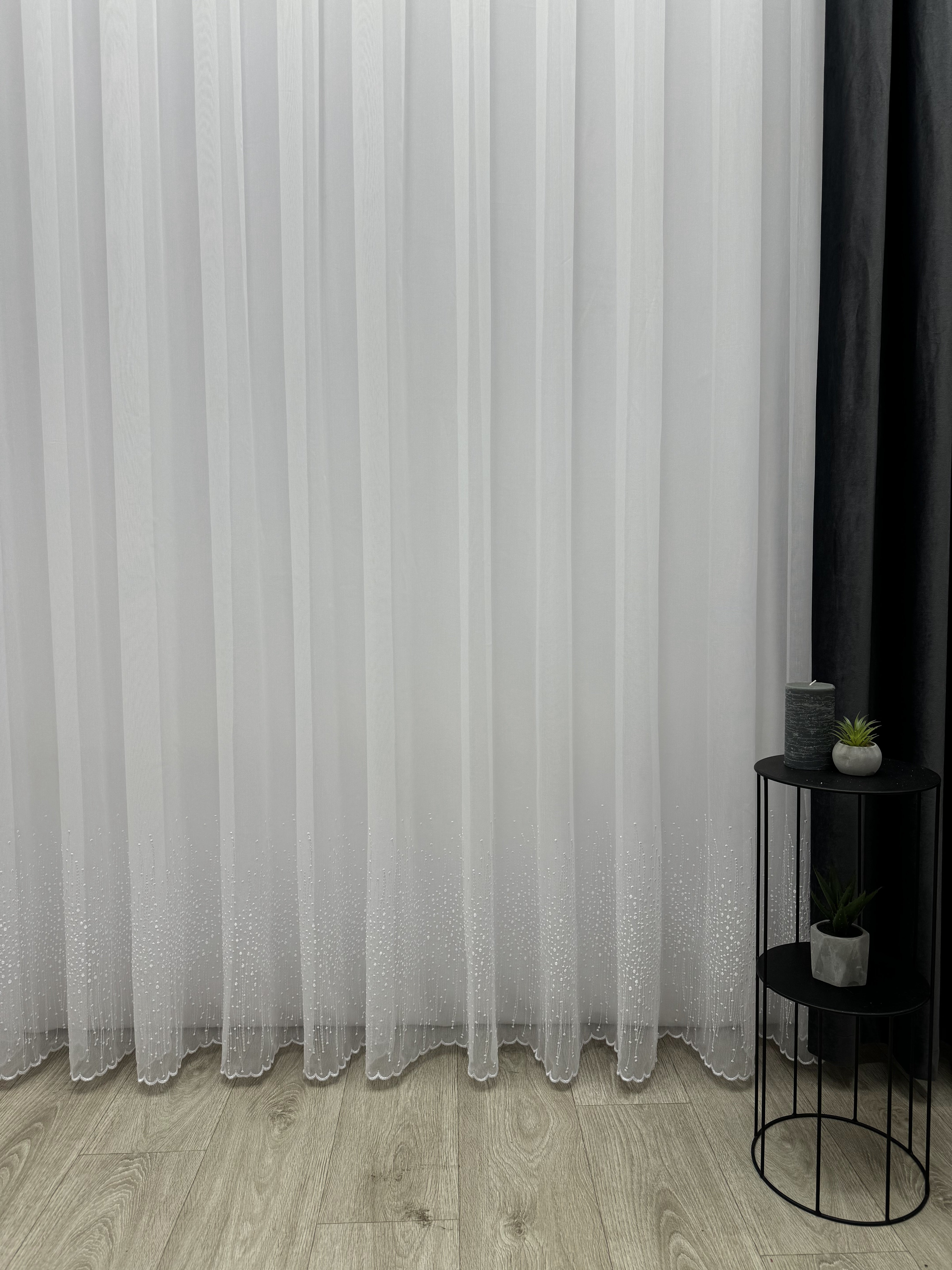 Bamboo-based sheer curtain with embroidery on the bottom, white color
