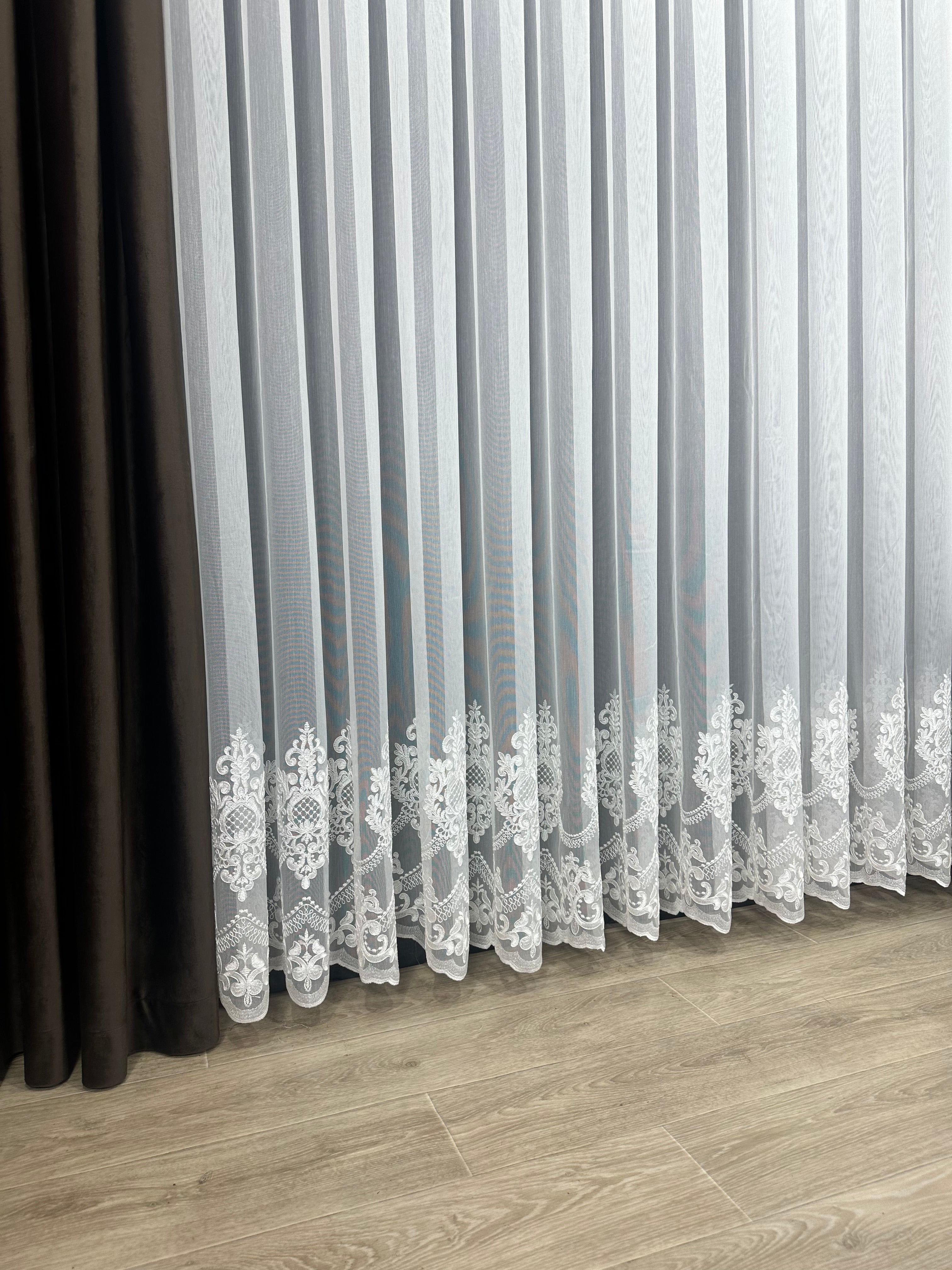 Bamboo-based sheer curtain with corded embroidery, milk color