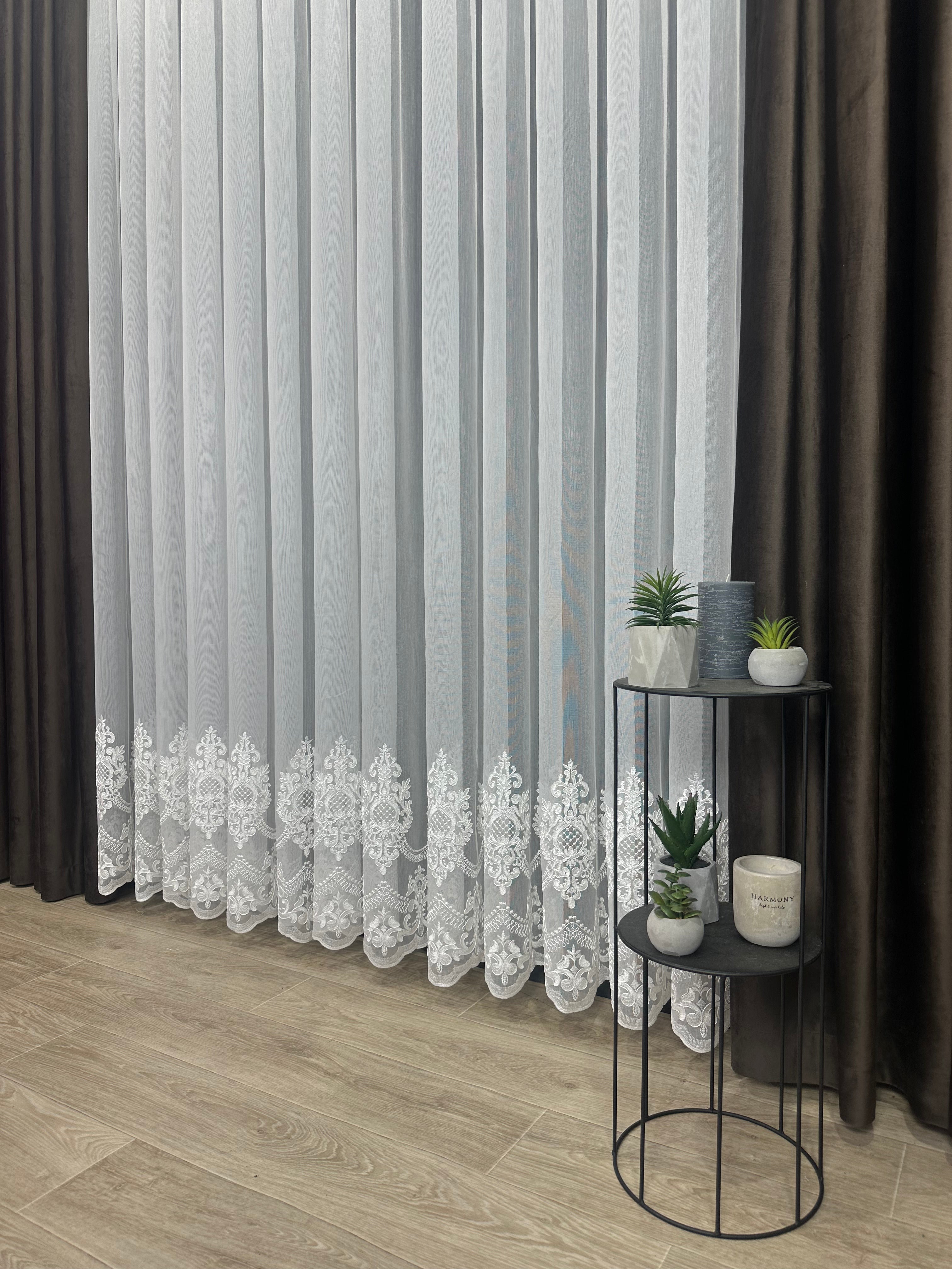 Bamboo-based sheer curtain with corded embroidery, milk color