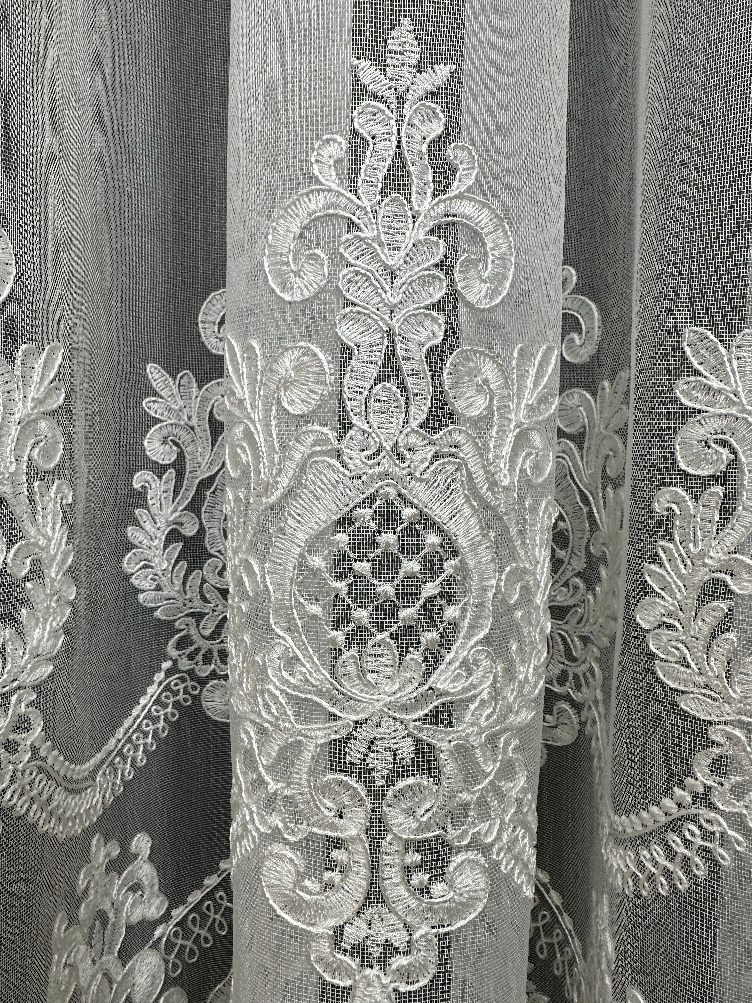 Bamboo-based sheer curtain with corded embroidery, milk color