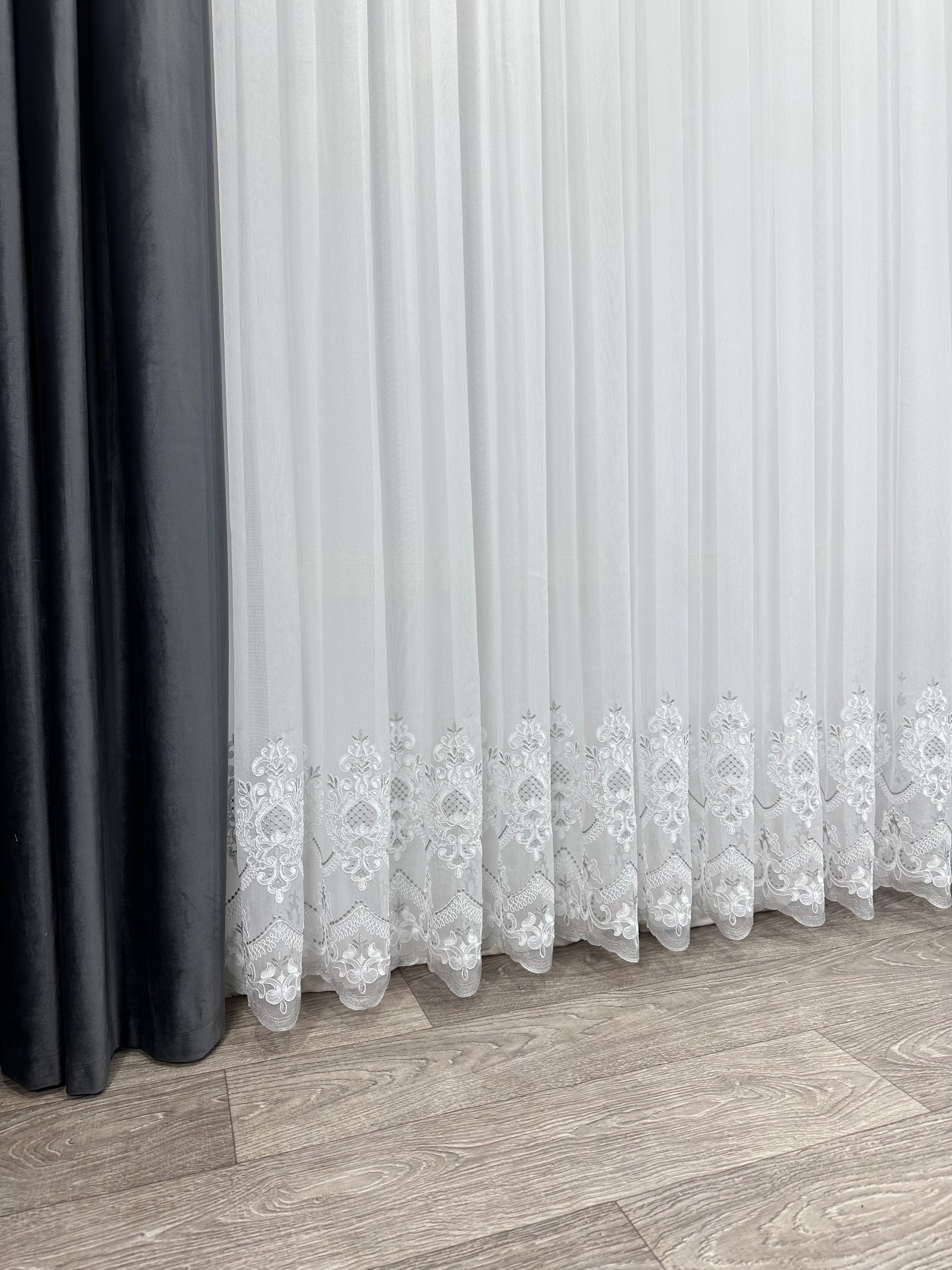 Bamboo-based sheer curtain with corded embroidery, gray color