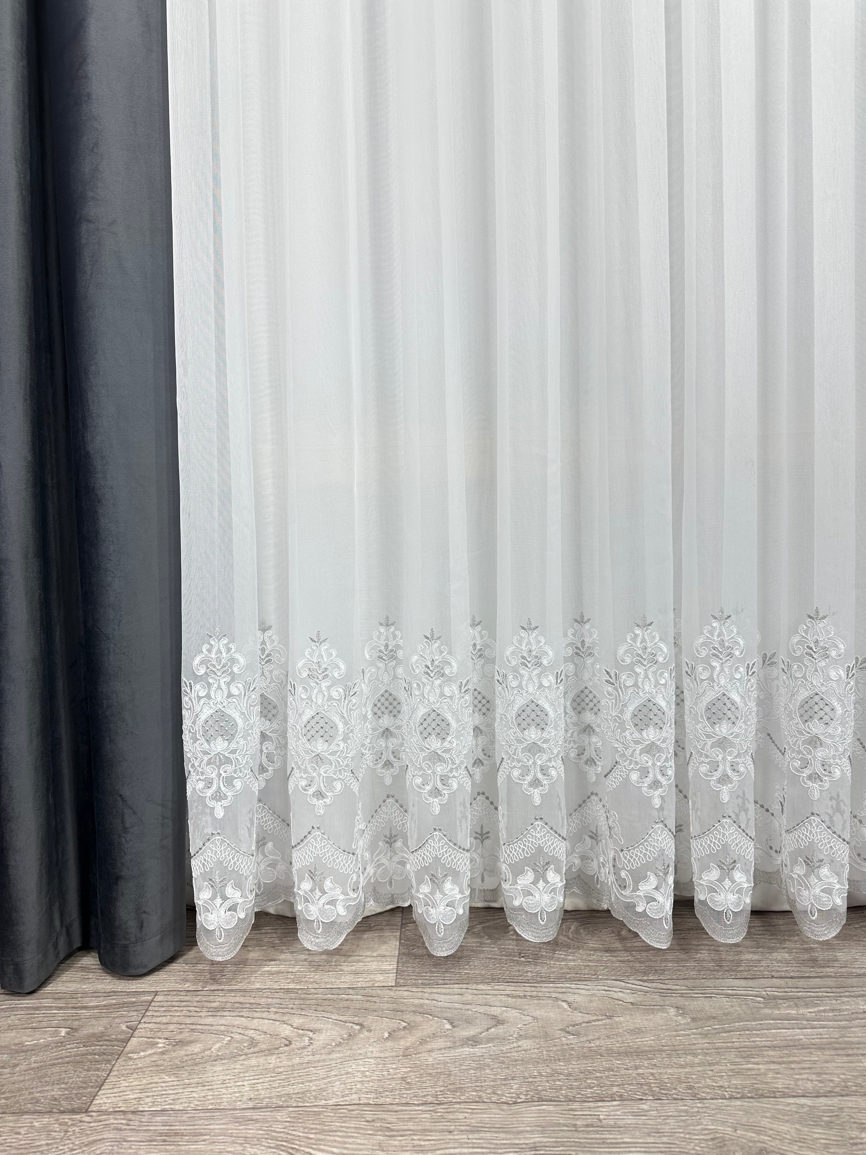 Bamboo-based sheer curtain with corded embroidery, gray color
