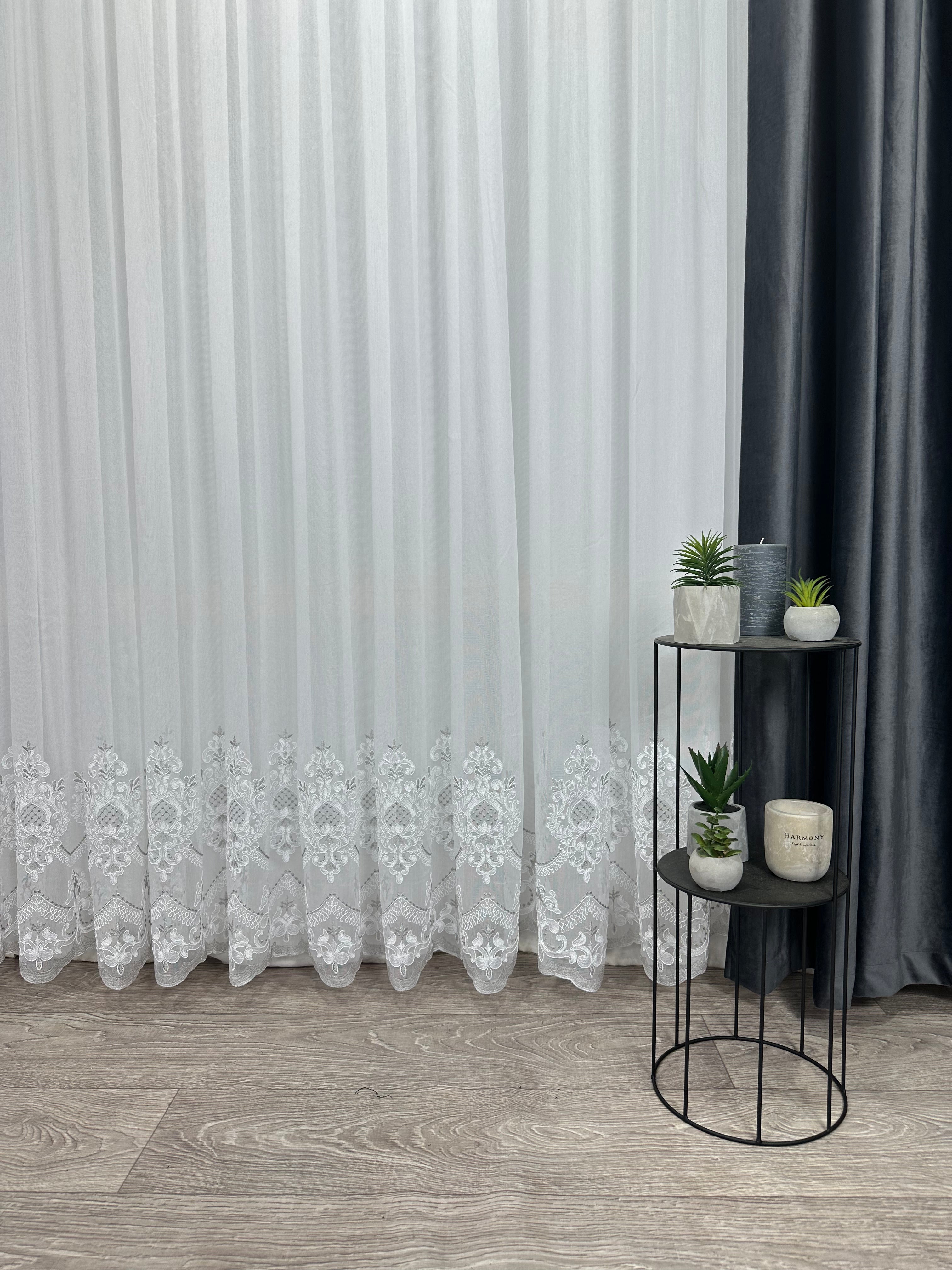 Bamboo-based sheer curtain with corded embroidery, gray color