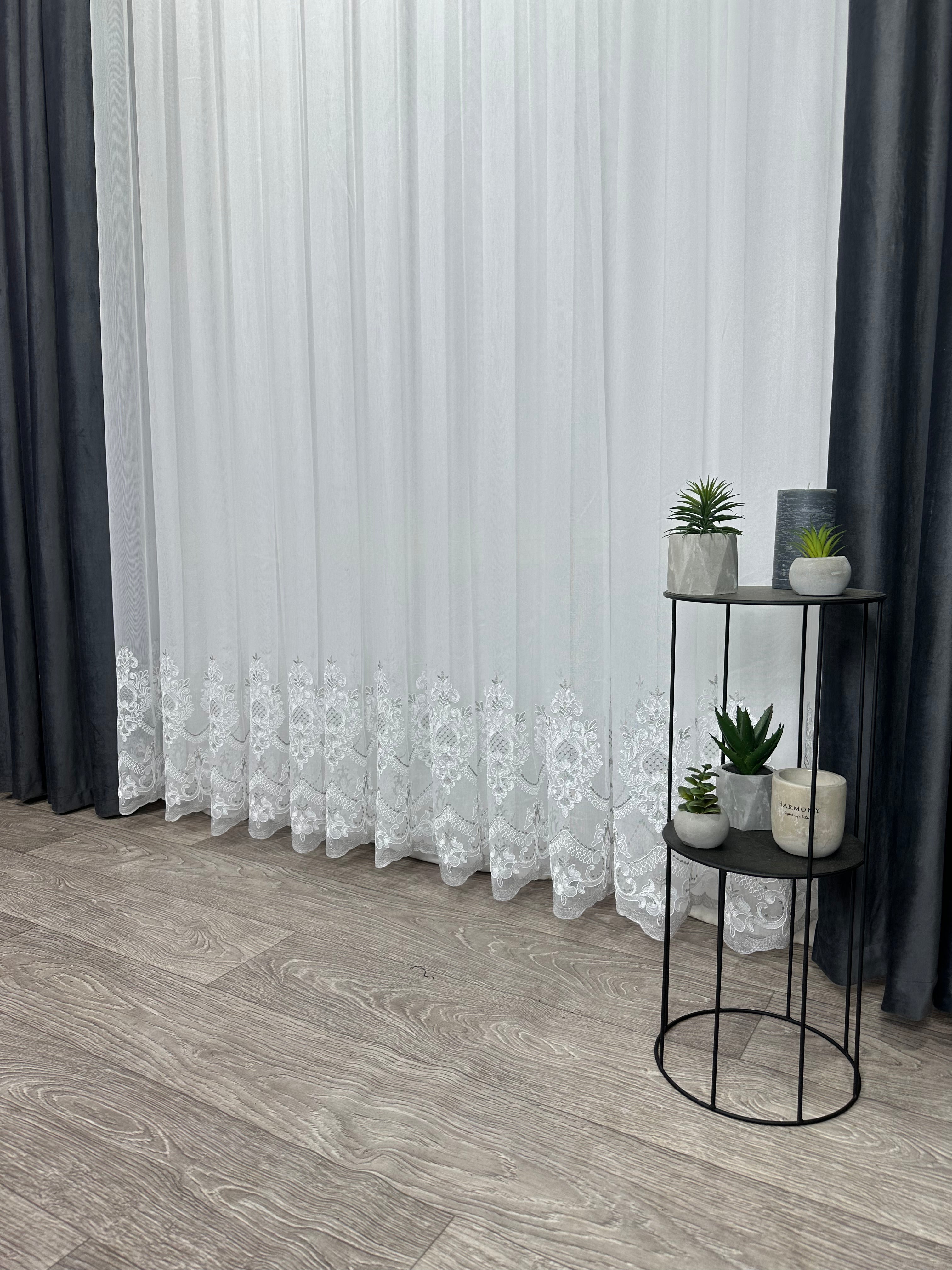 Bamboo-based sheer curtain with corded embroidery, gray color