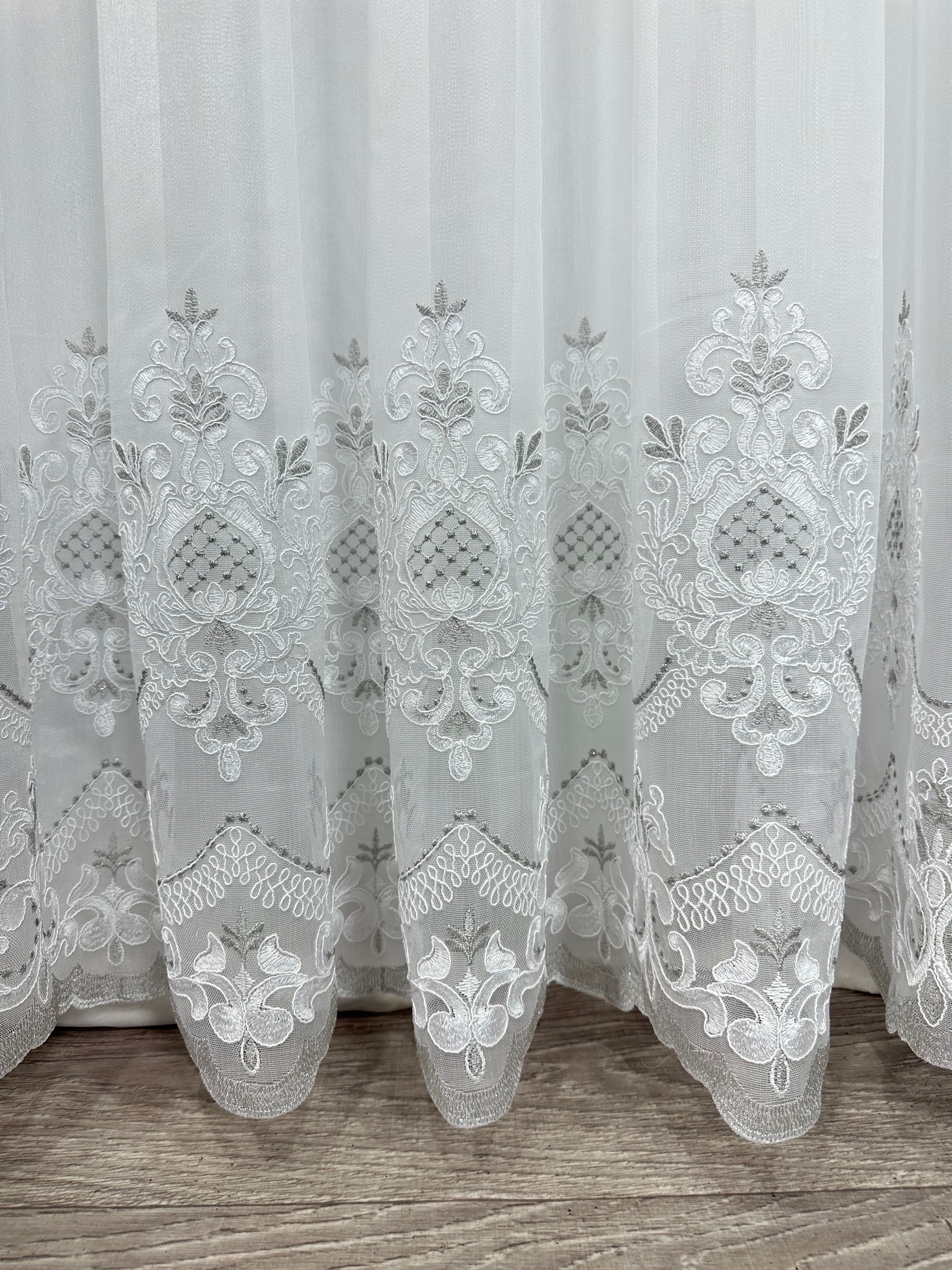 Bamboo-based sheer curtain with corded embroidery, gray color