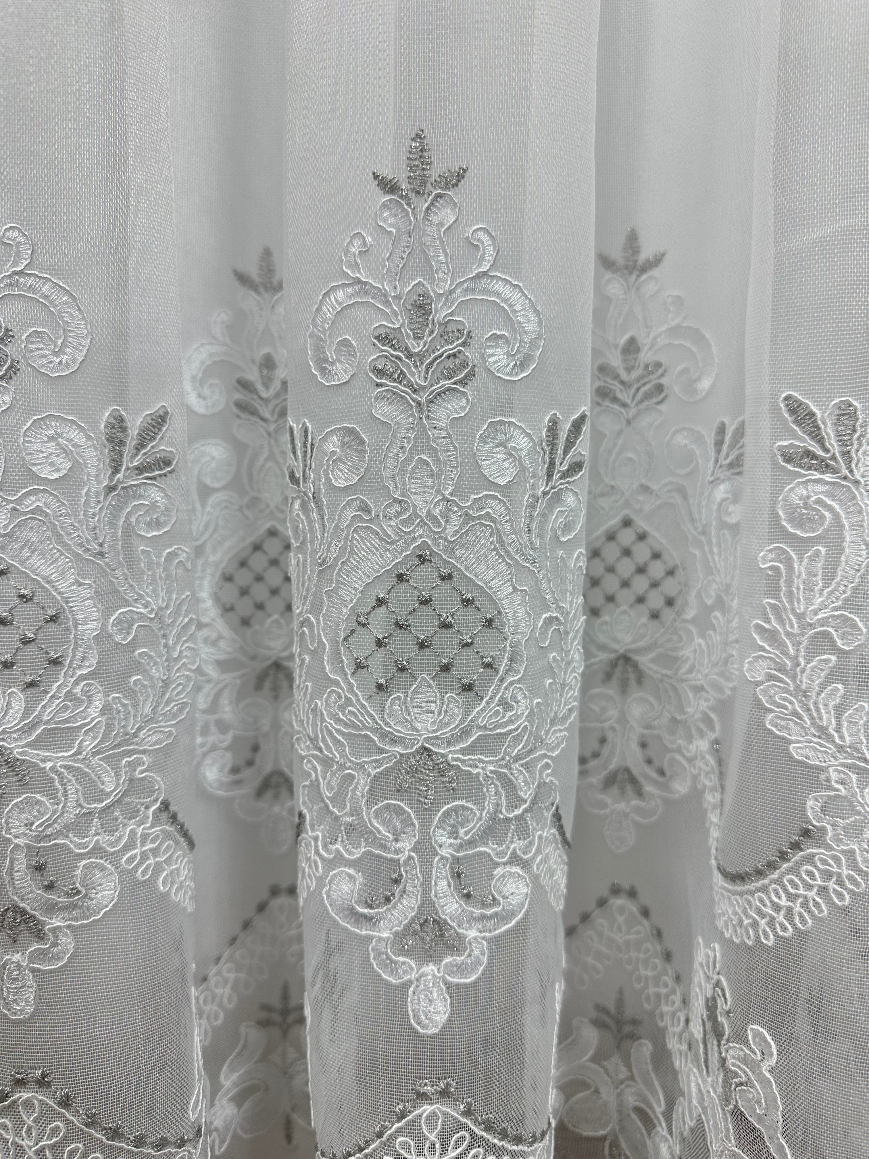 Bamboo-based sheer curtain with corded embroidery, gray color
