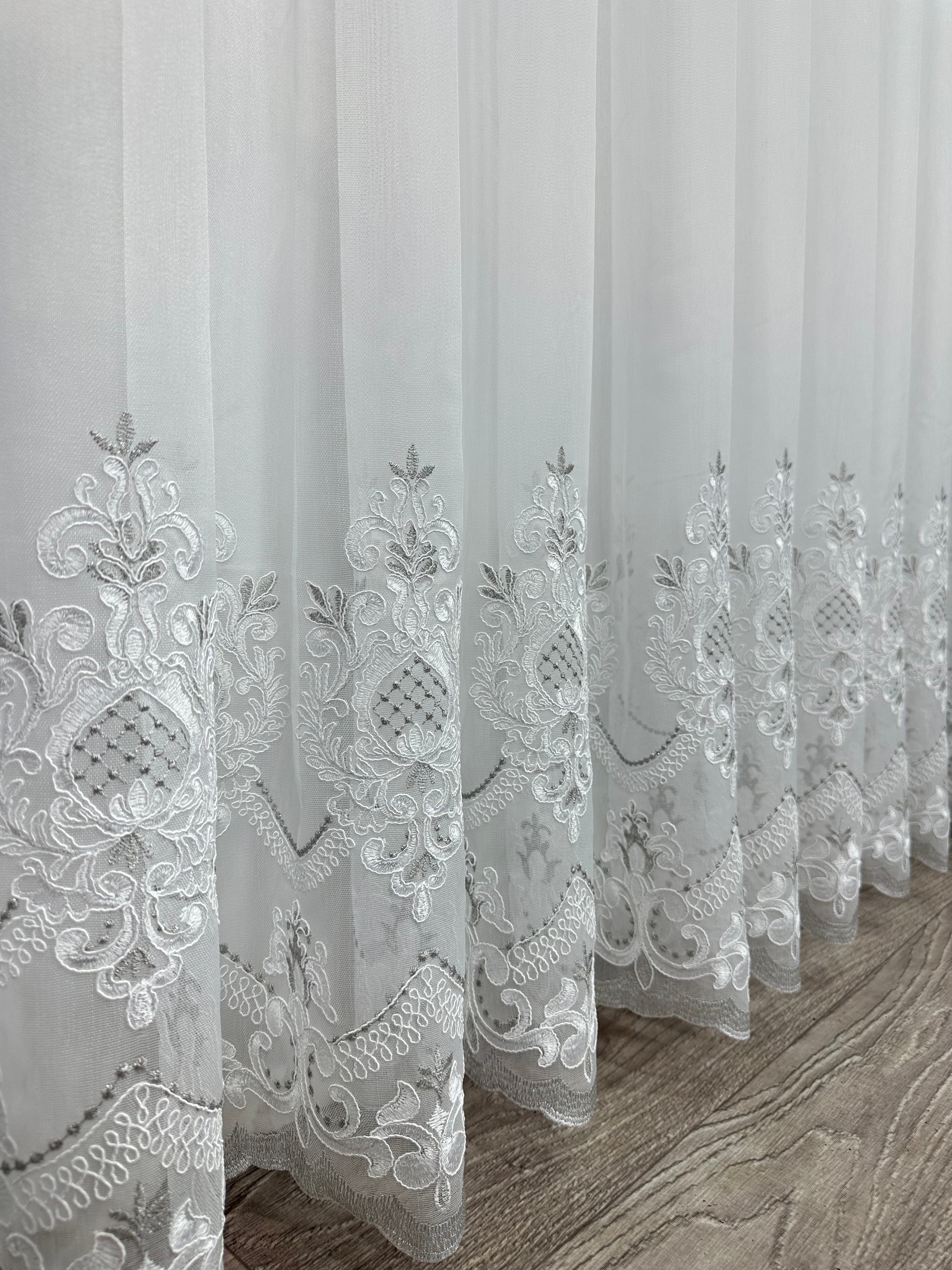 Bamboo-based sheer curtain with corded embroidery, gray color