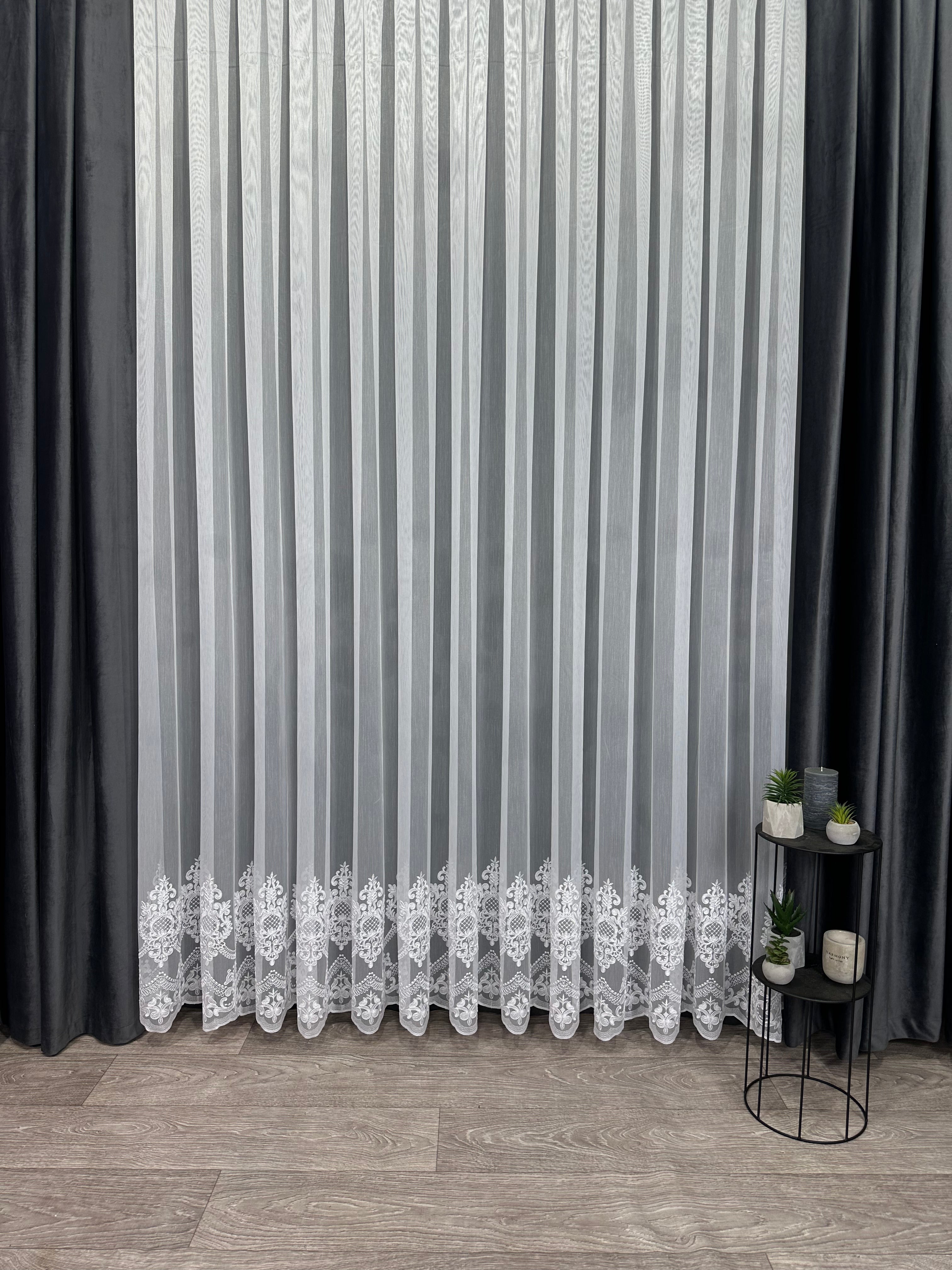 Bamboo-based sheer curtain with corded embroidery, white color