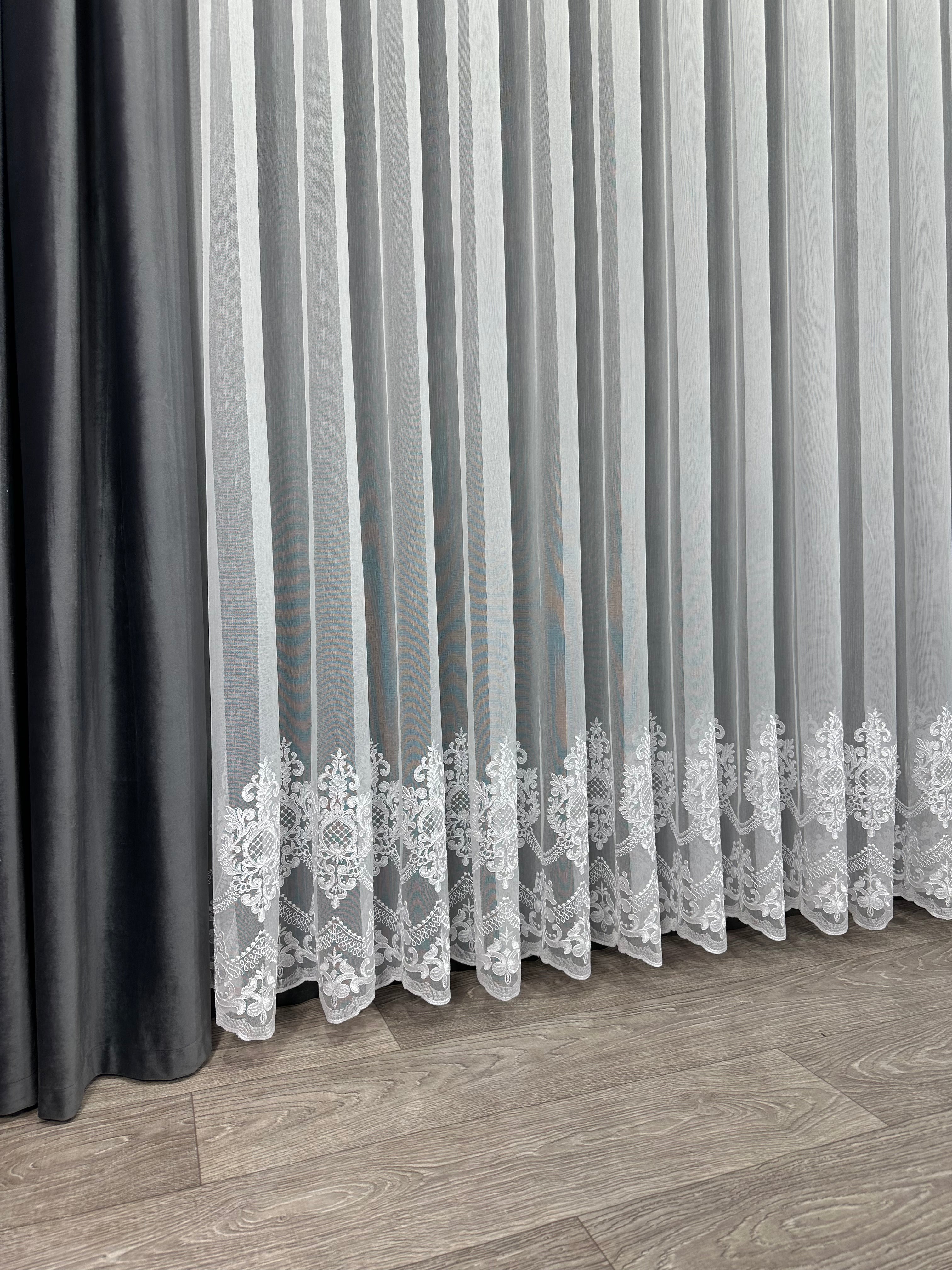Bamboo-based sheer curtain with corded embroidery, white color
