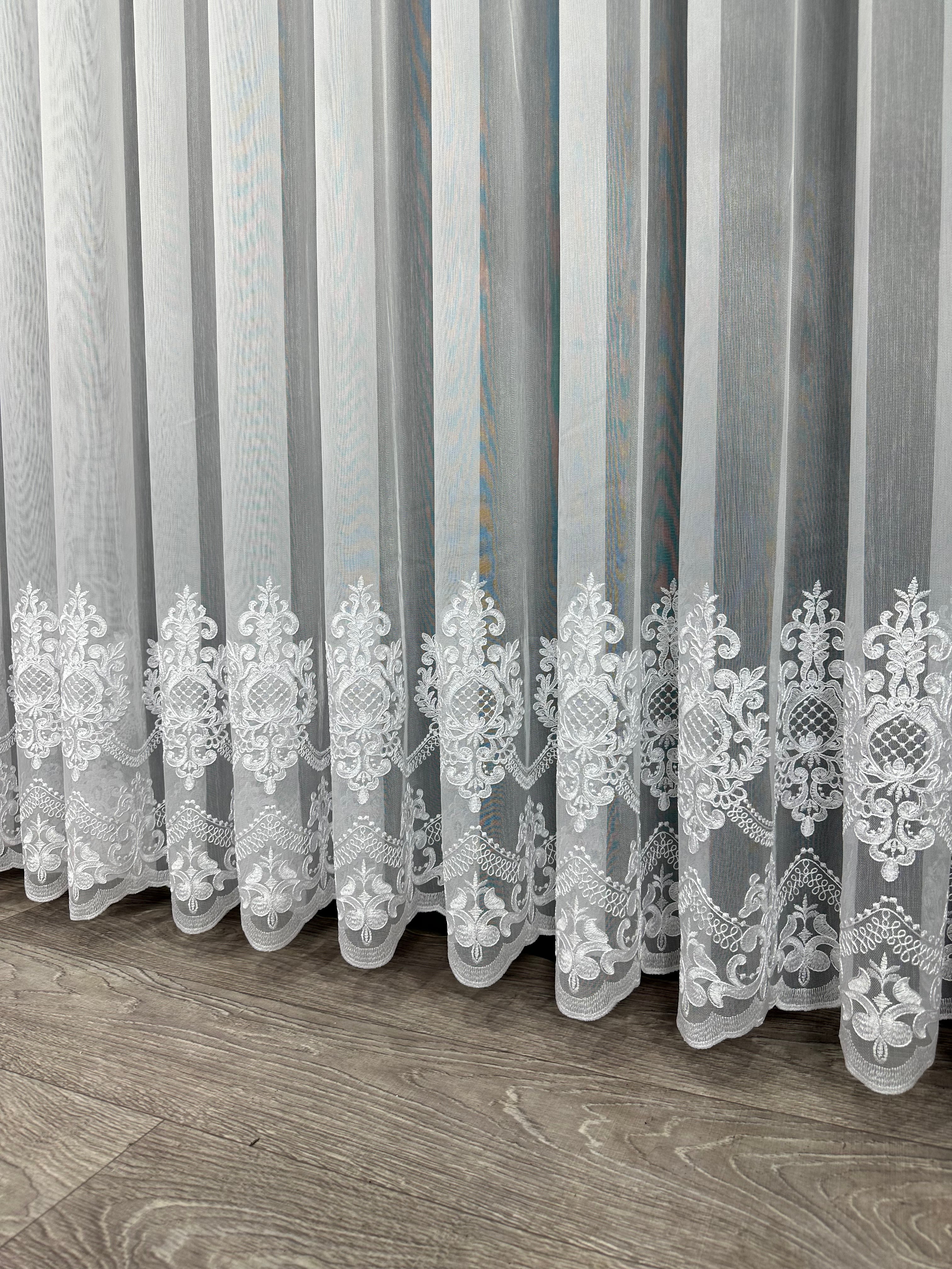 Bamboo-based sheer curtain with corded embroidery, white color