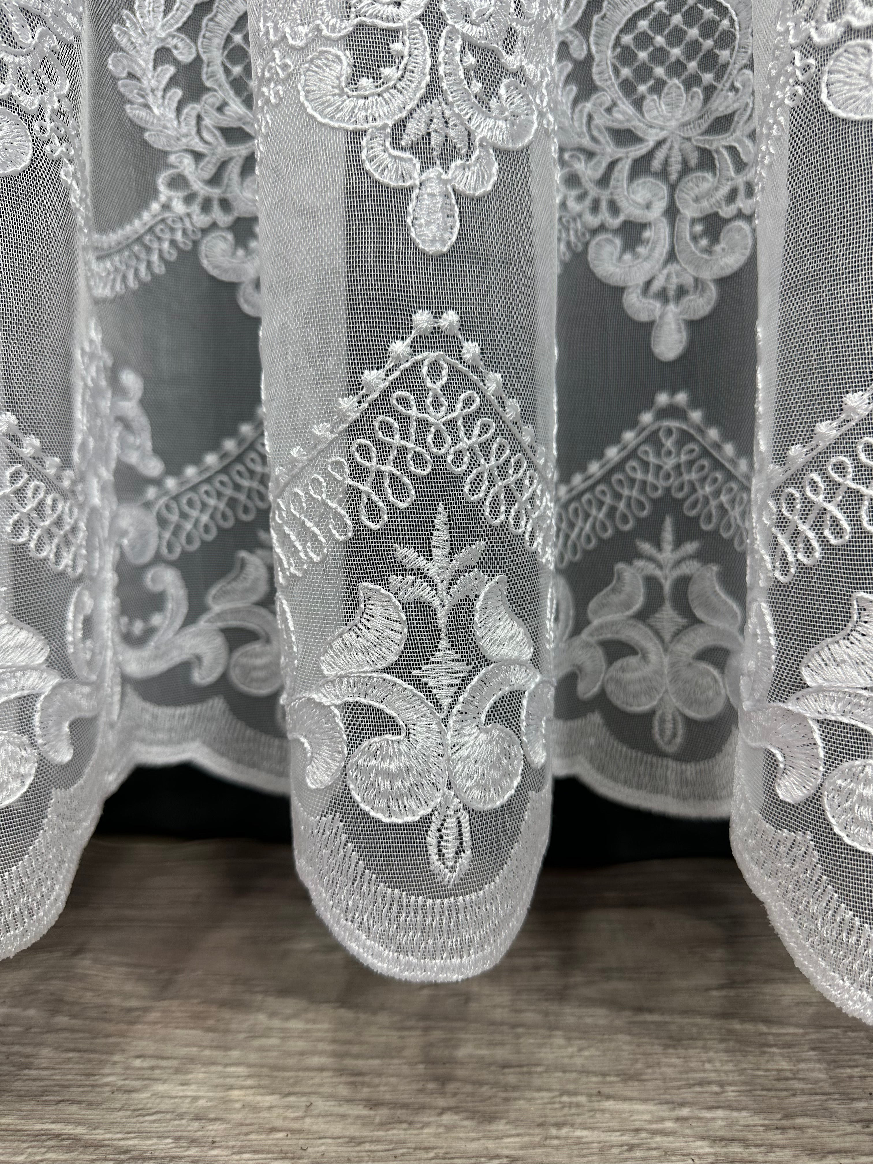 Bamboo-based sheer curtain with corded embroidery, white color