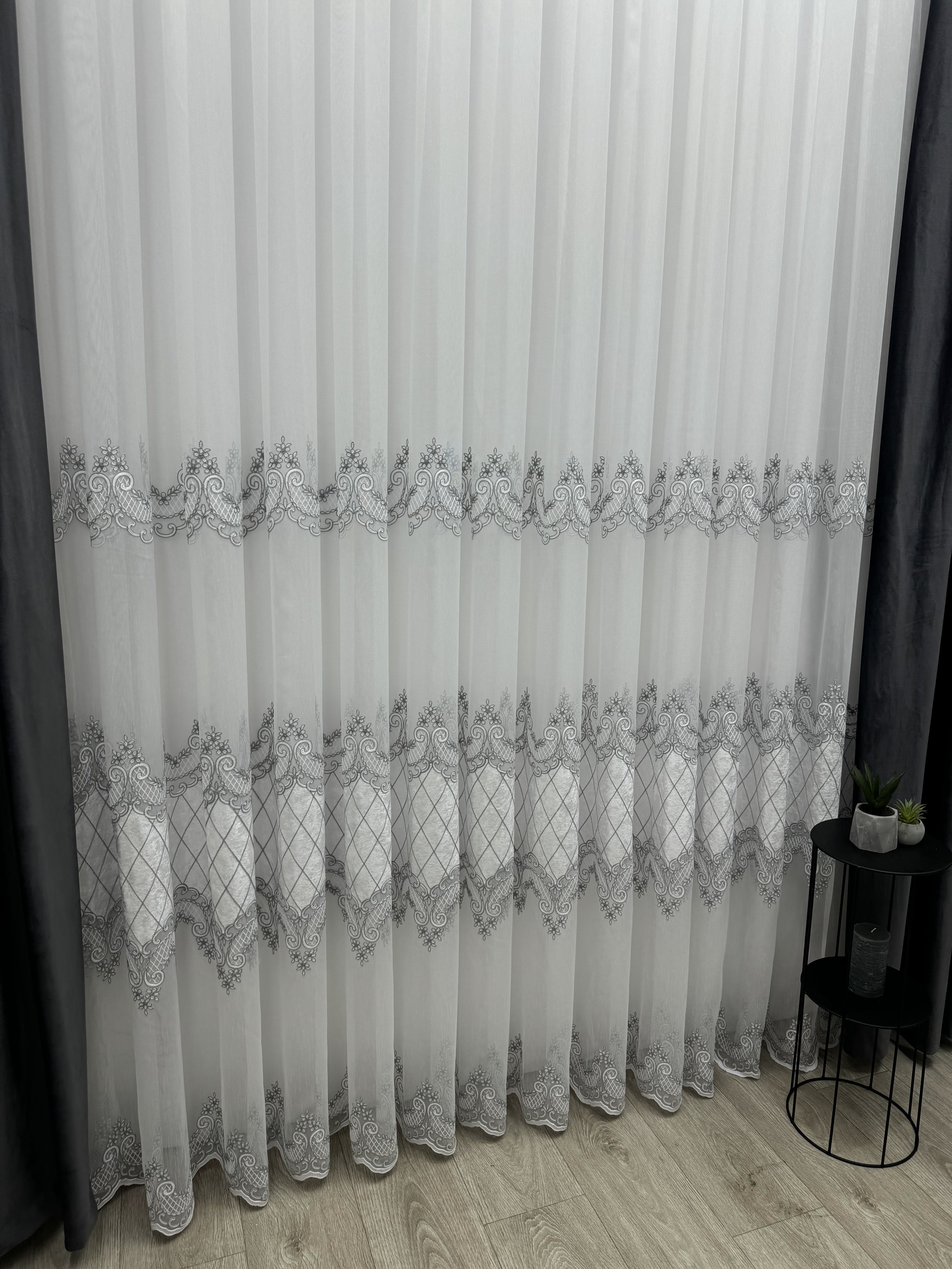 Bamboo-based sheer curtain with velvet inserts, gray color