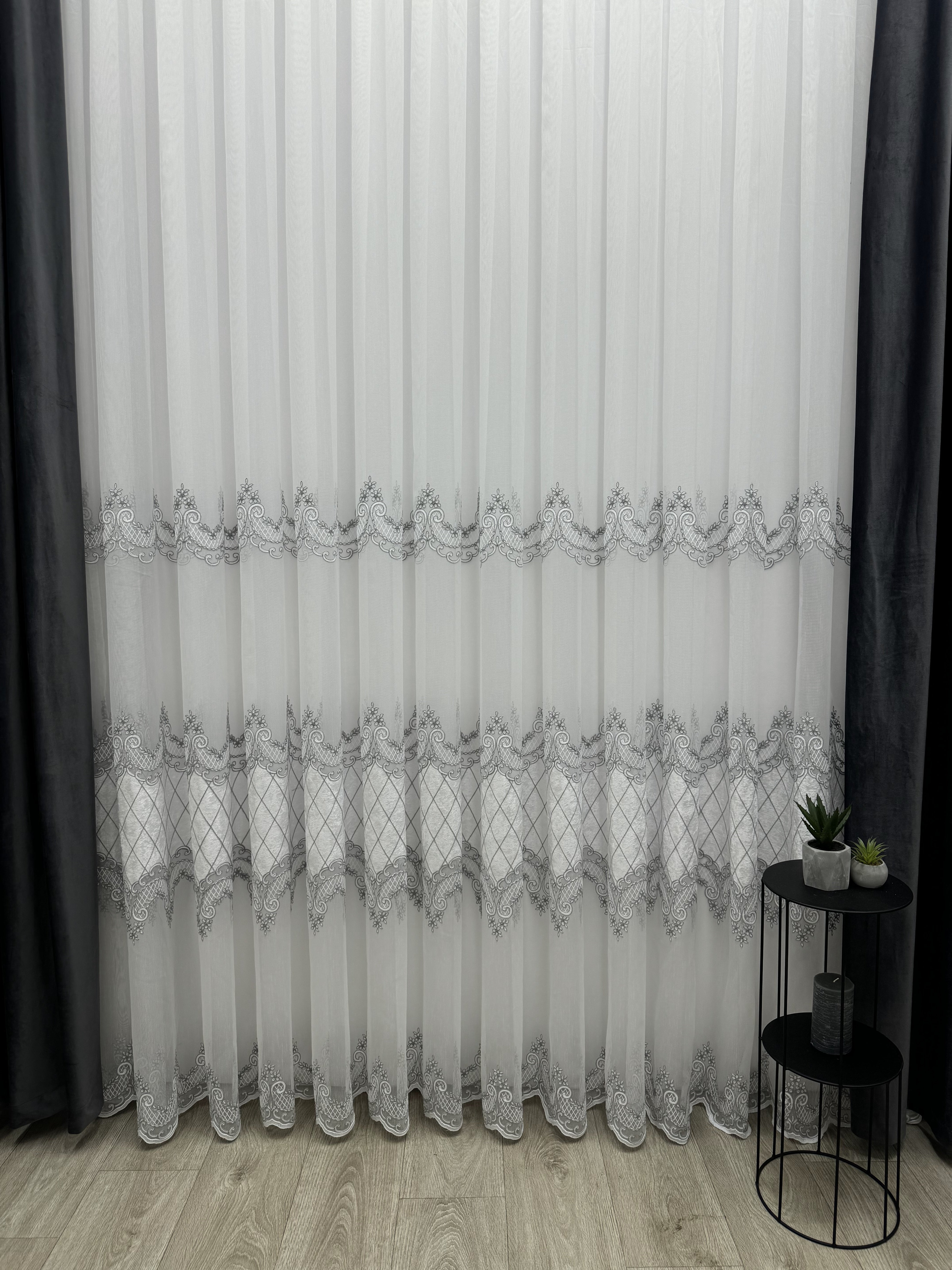 Bamboo-based sheer curtain with velvet inserts, gray color
