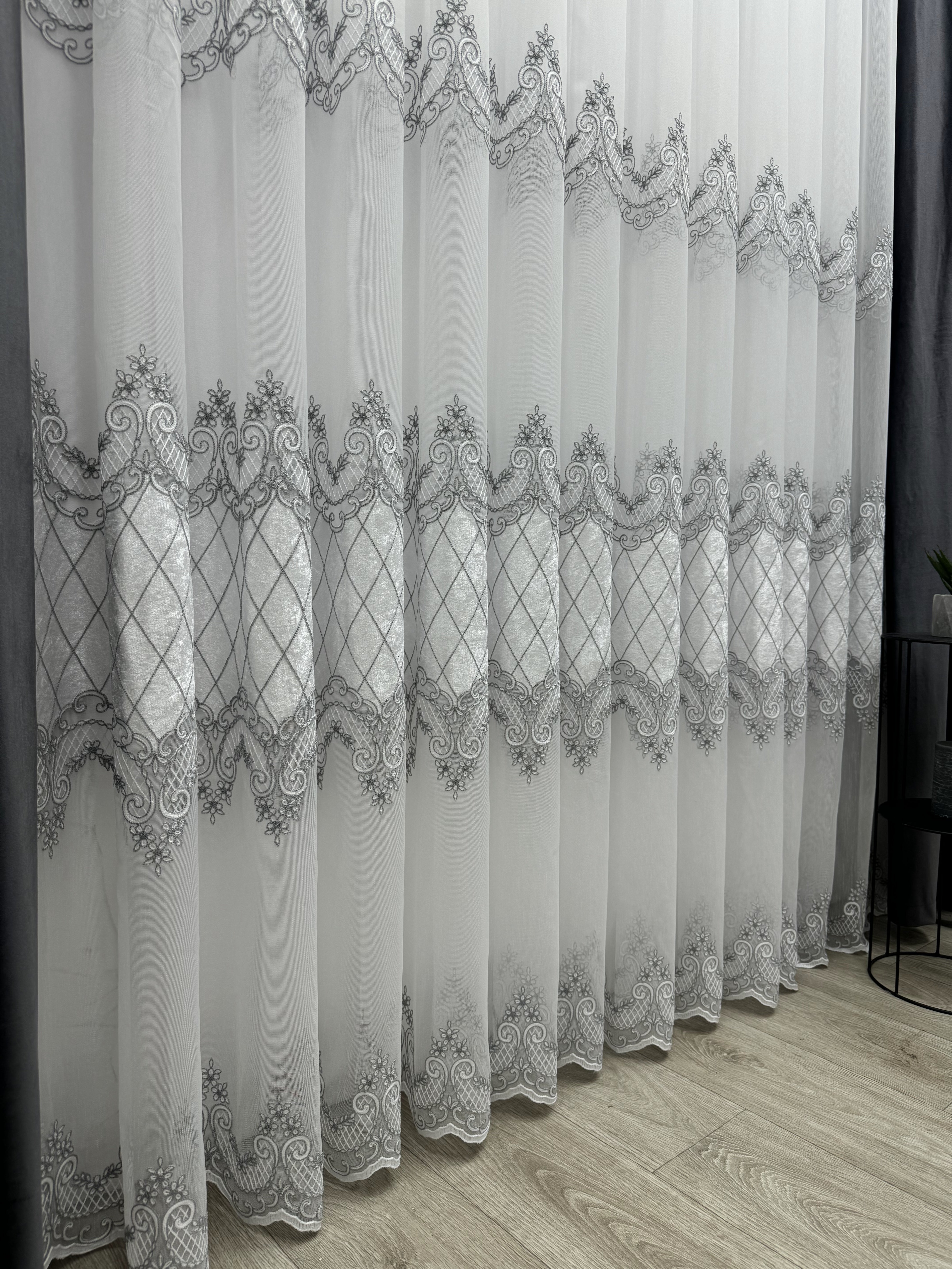 Bamboo-based sheer curtain with velvet inserts, gray color