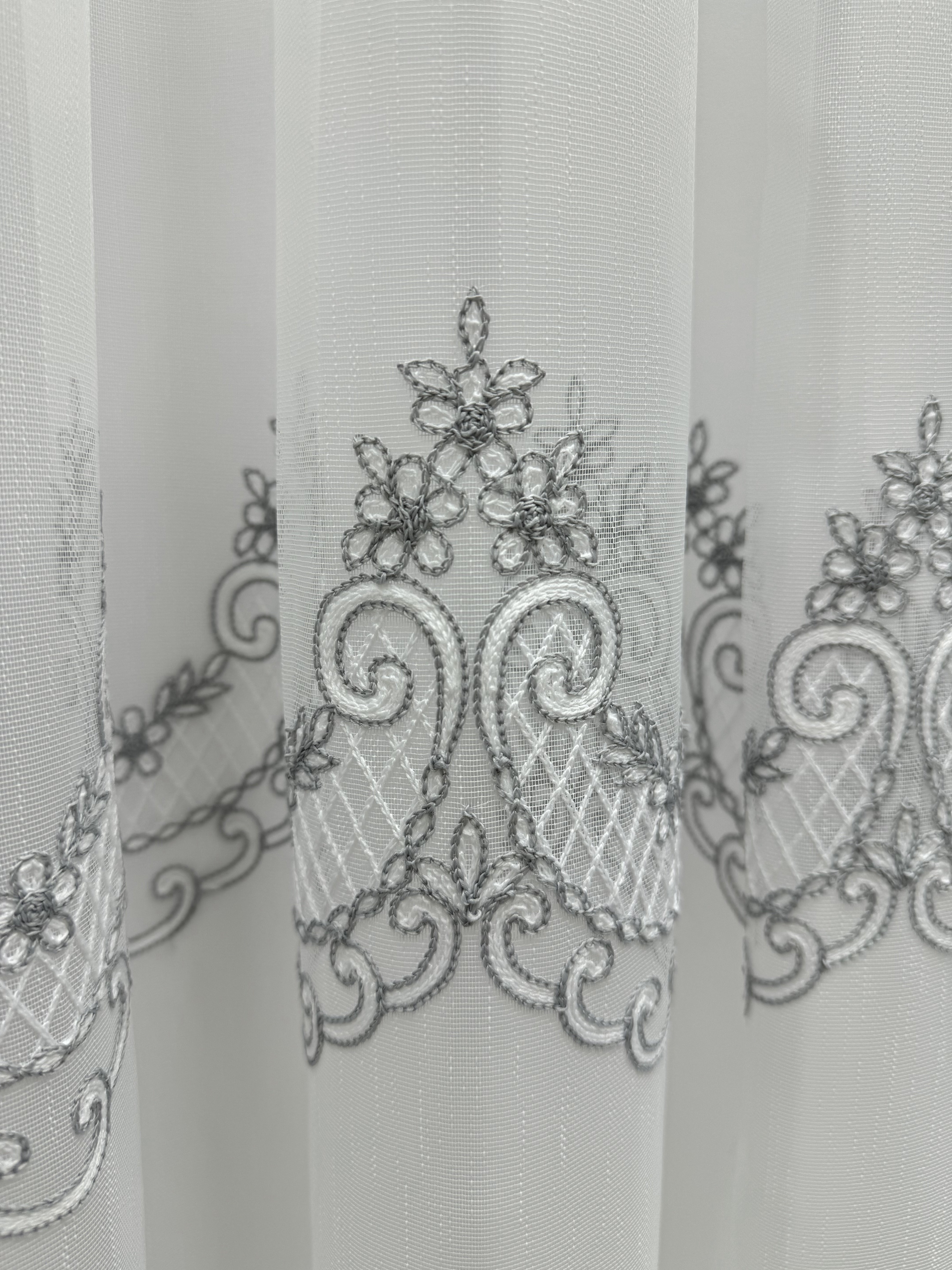 Bamboo-based sheer curtain with velvet inserts, gray color