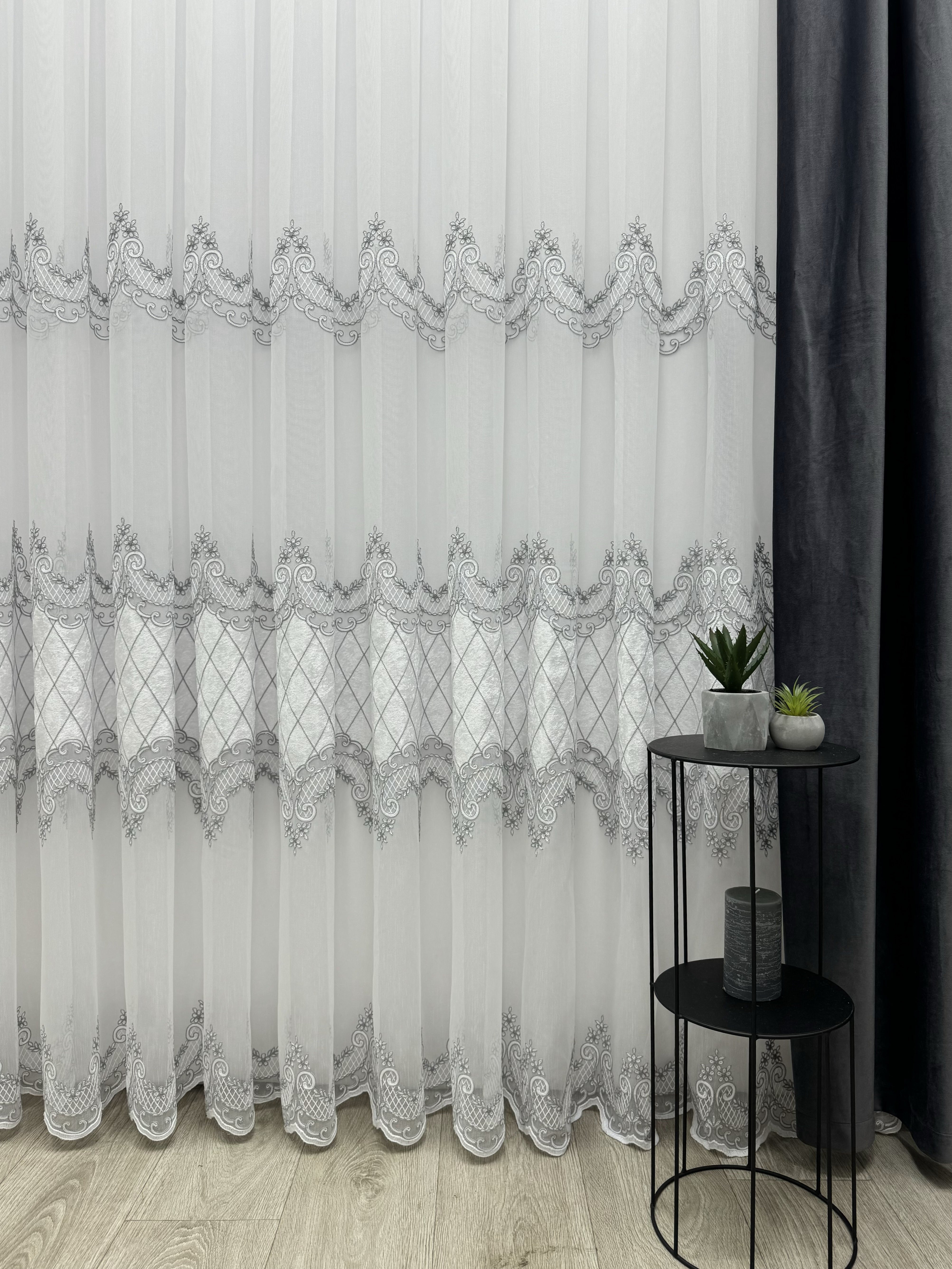 Bamboo-based sheer curtain with velvet inserts, gray color