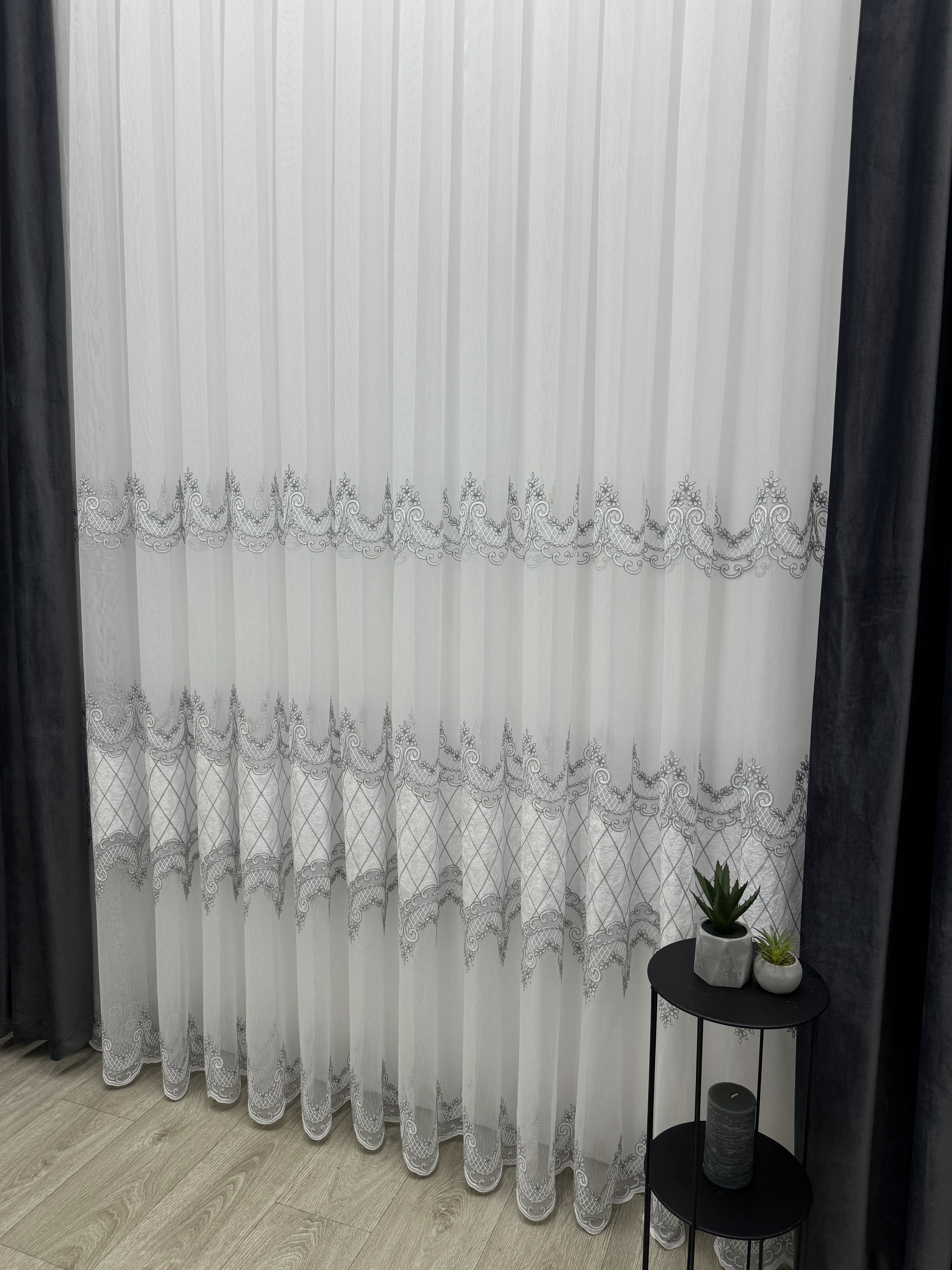 Bamboo-based sheer curtain with velvet inserts, gray color