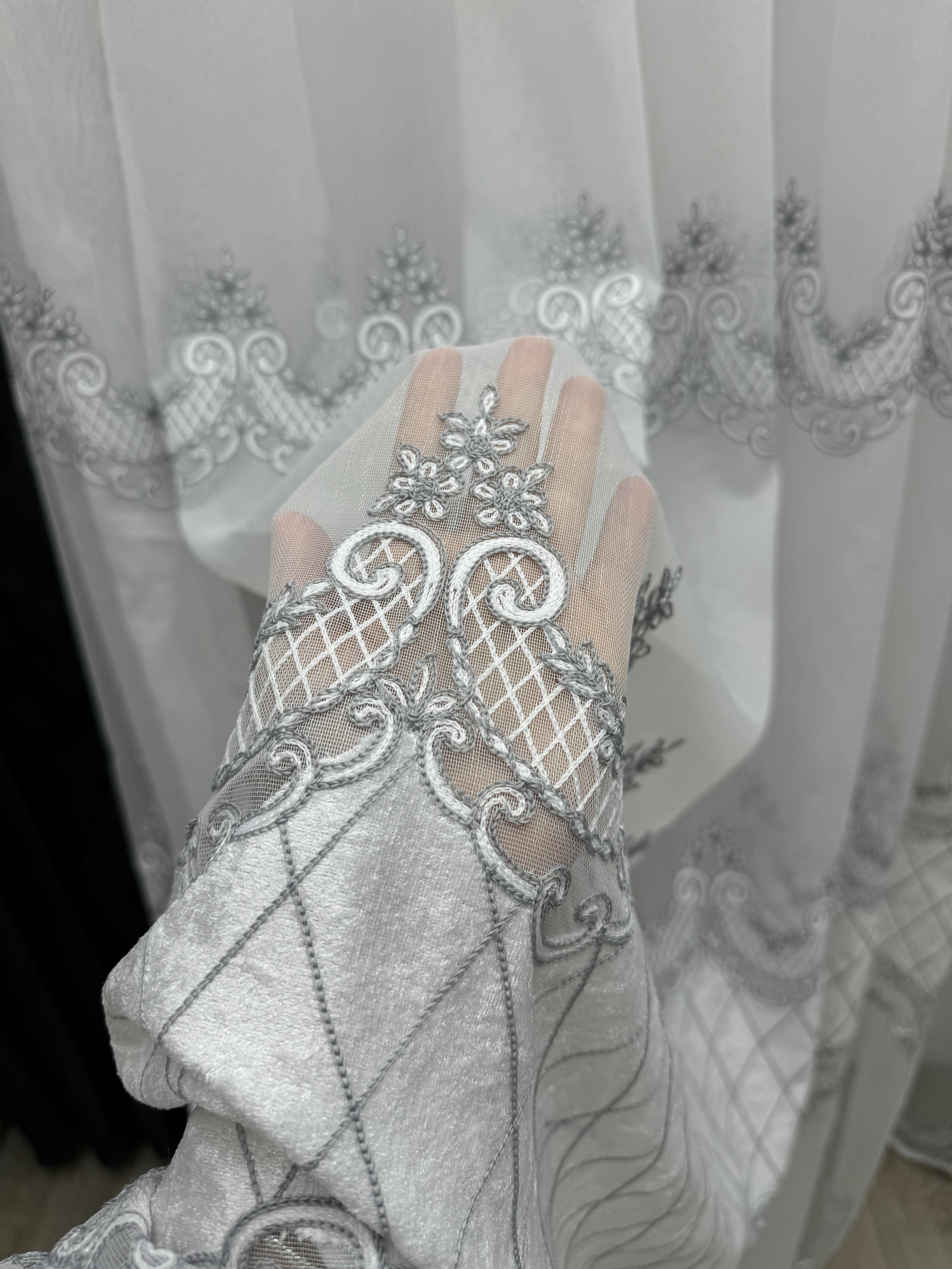 Bamboo-based sheer curtain with velvet inserts, gray color