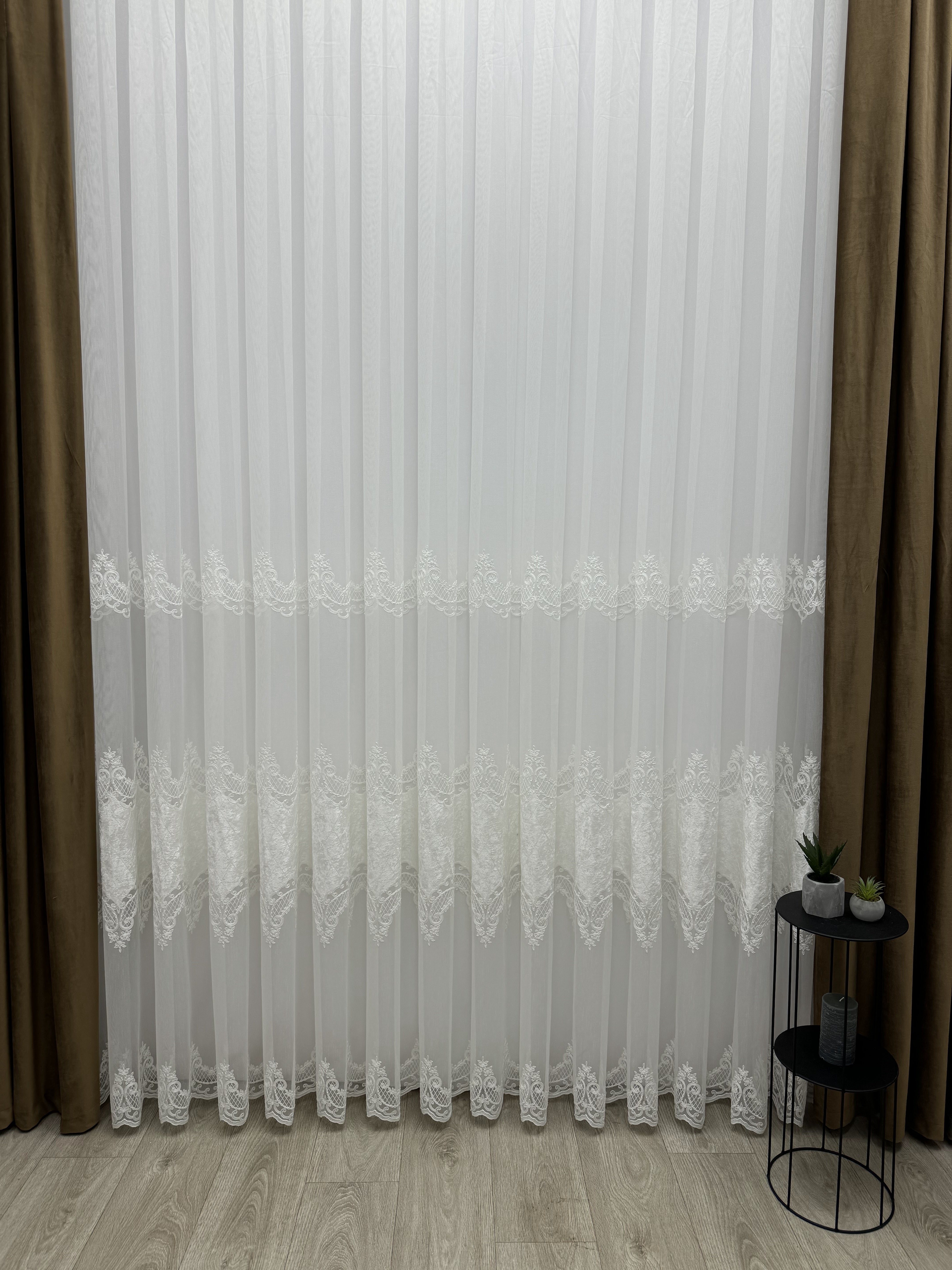 Bamboo-based sheer curtain with velvet inserts, milk color