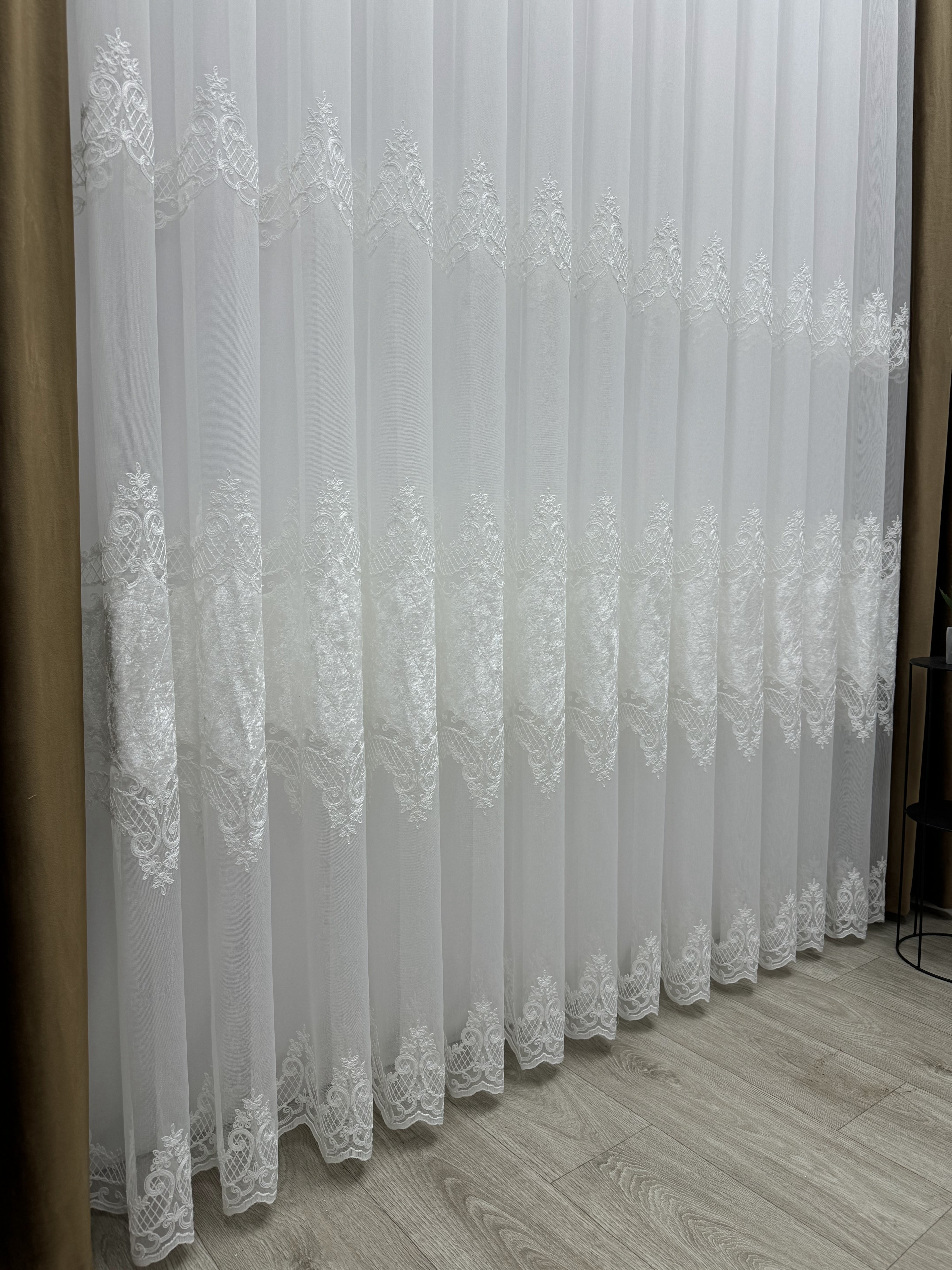 Bamboo-based sheer curtain with velvet inserts, milk color