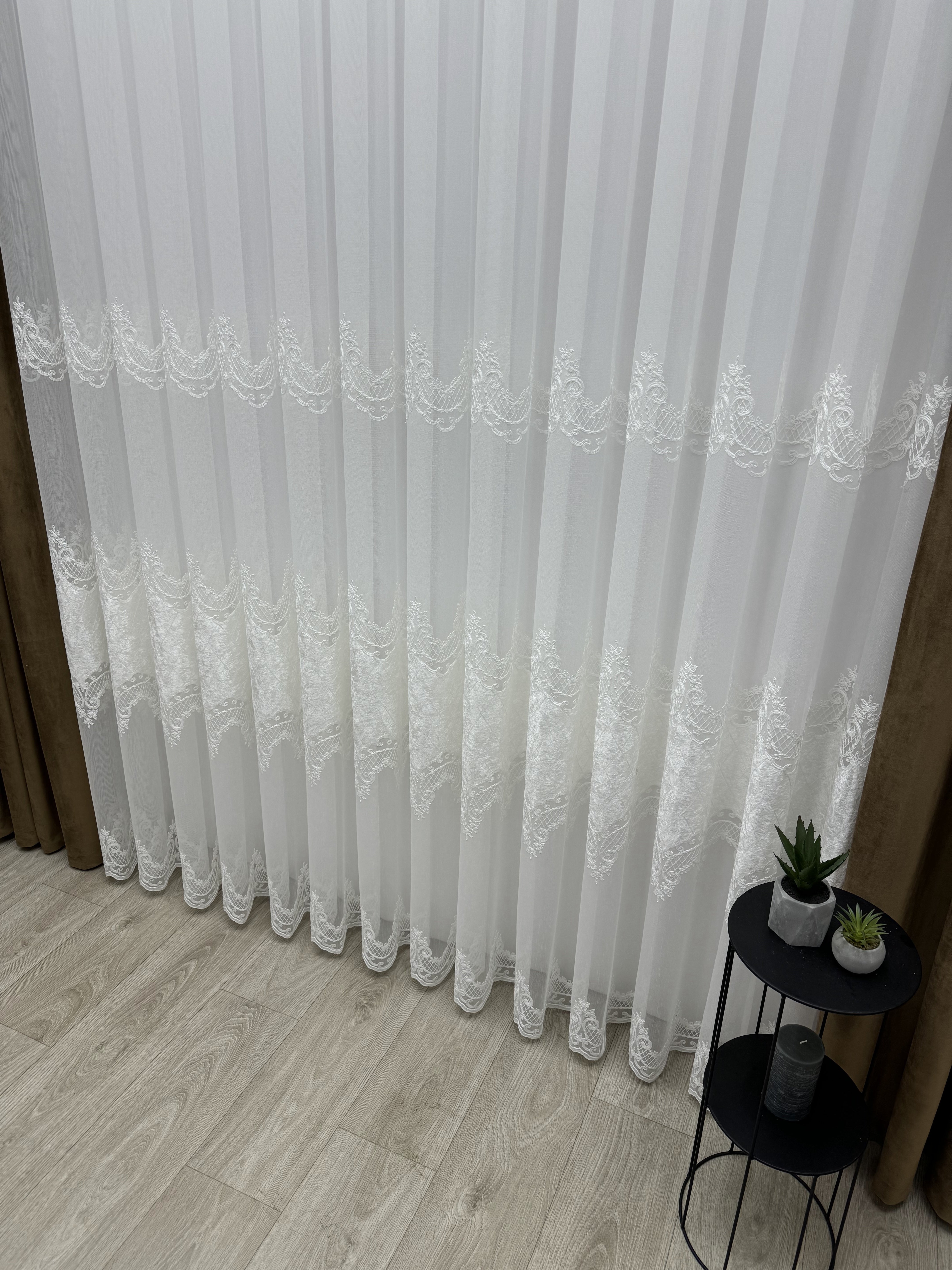 Bamboo-based sheer curtain with velvet inserts, milk color