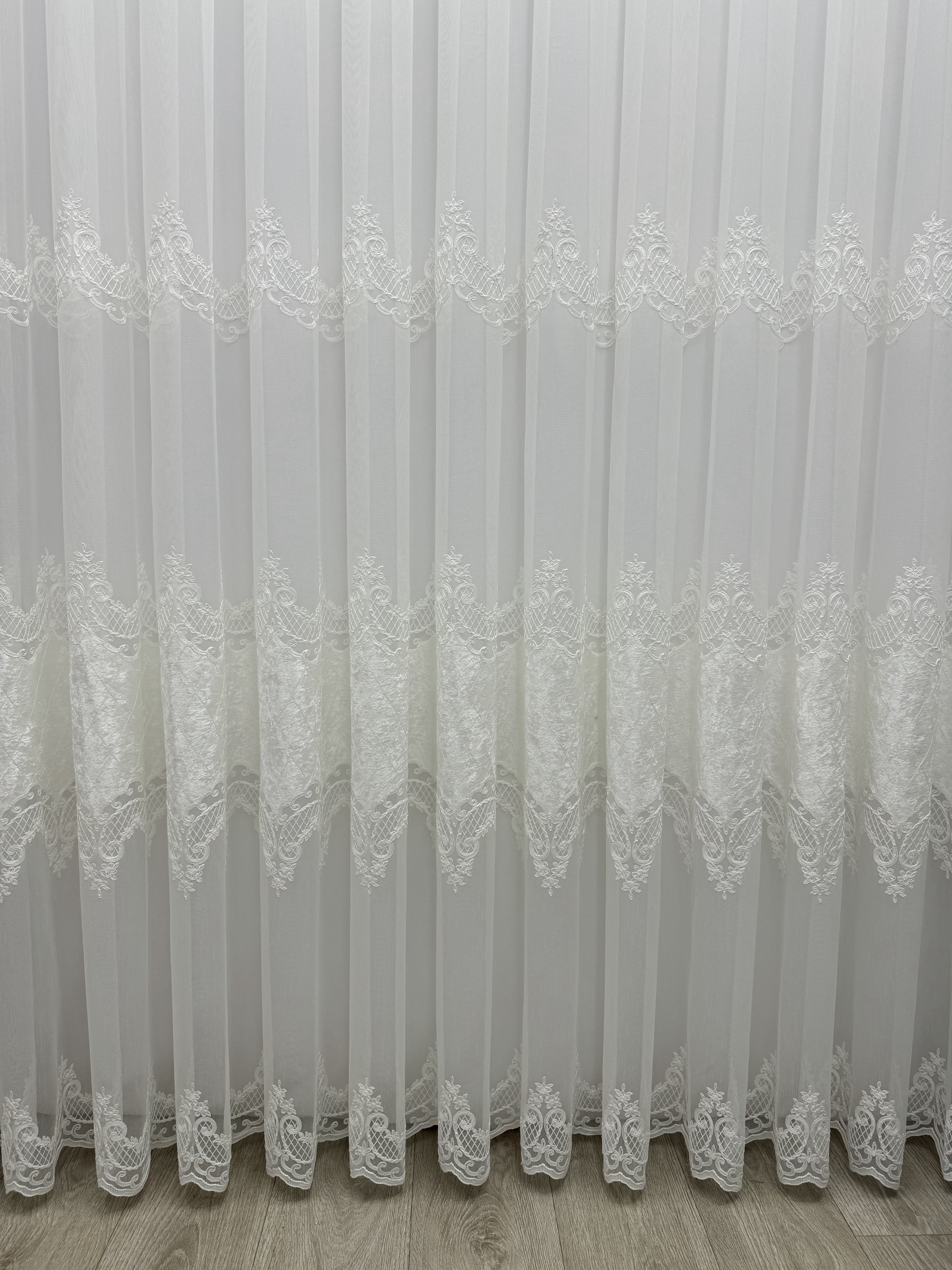 Bamboo-based sheer curtain with velvet inserts, milk color