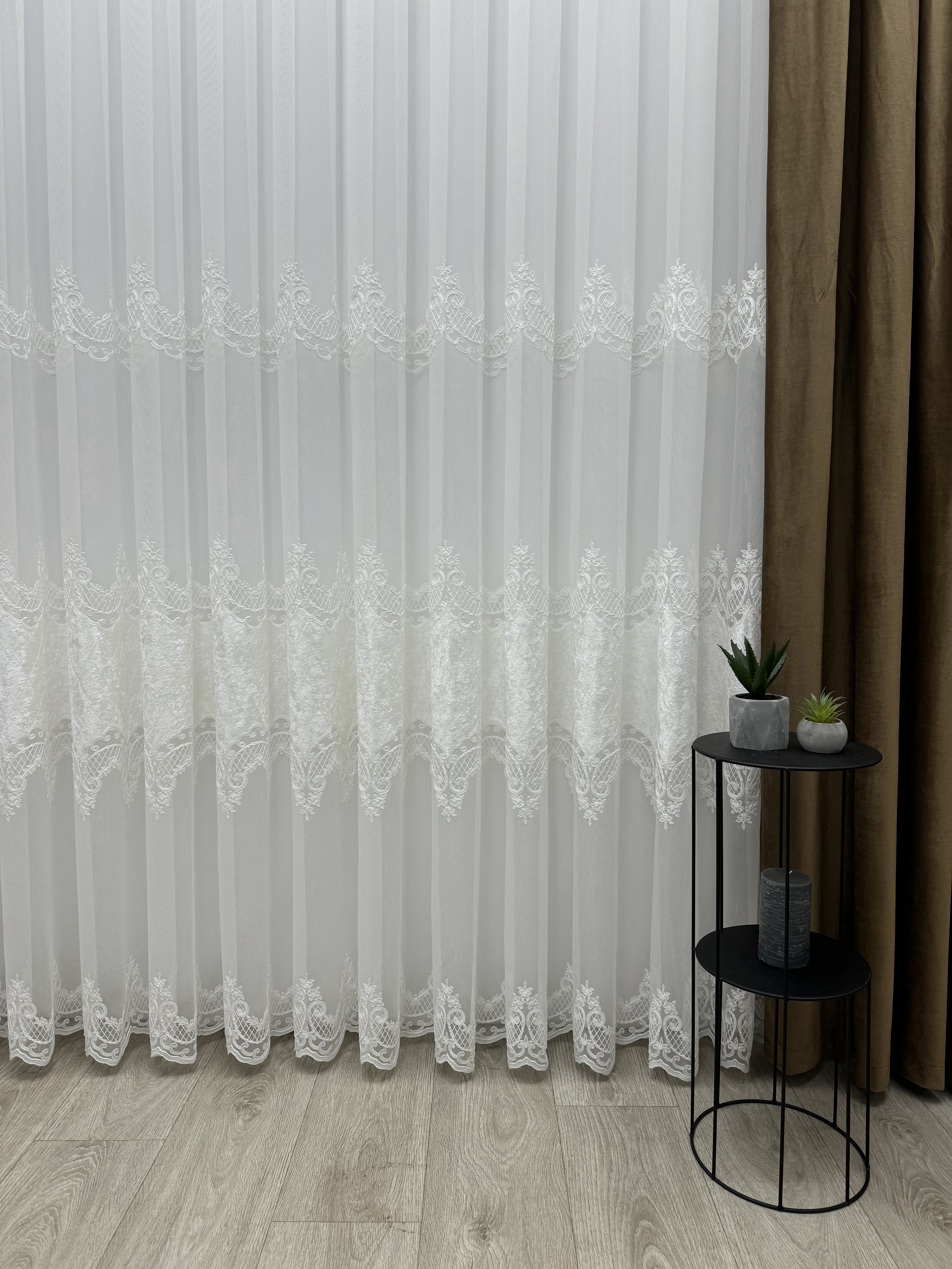 Bamboo-based sheer curtain with velvet inserts, milk color
