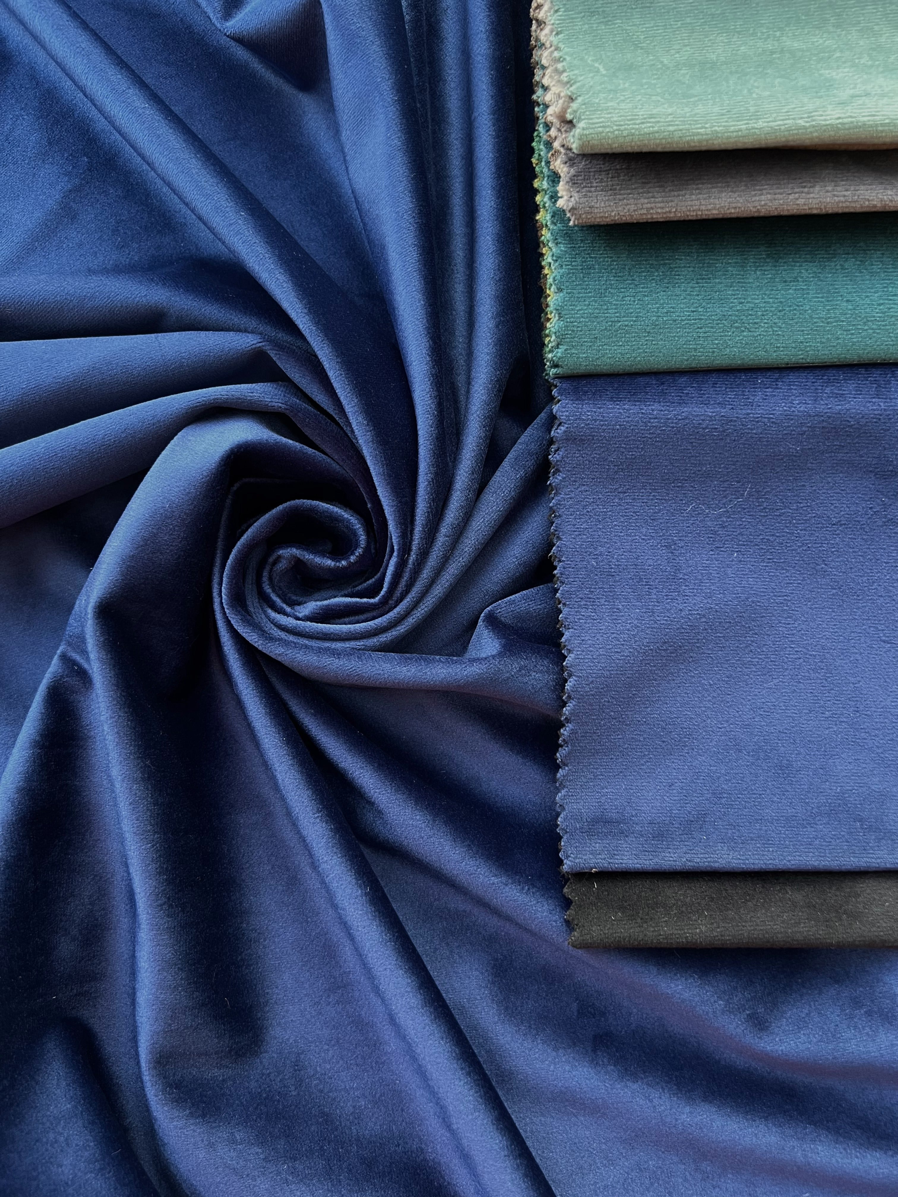 Velvet plain curtains, dark blue color