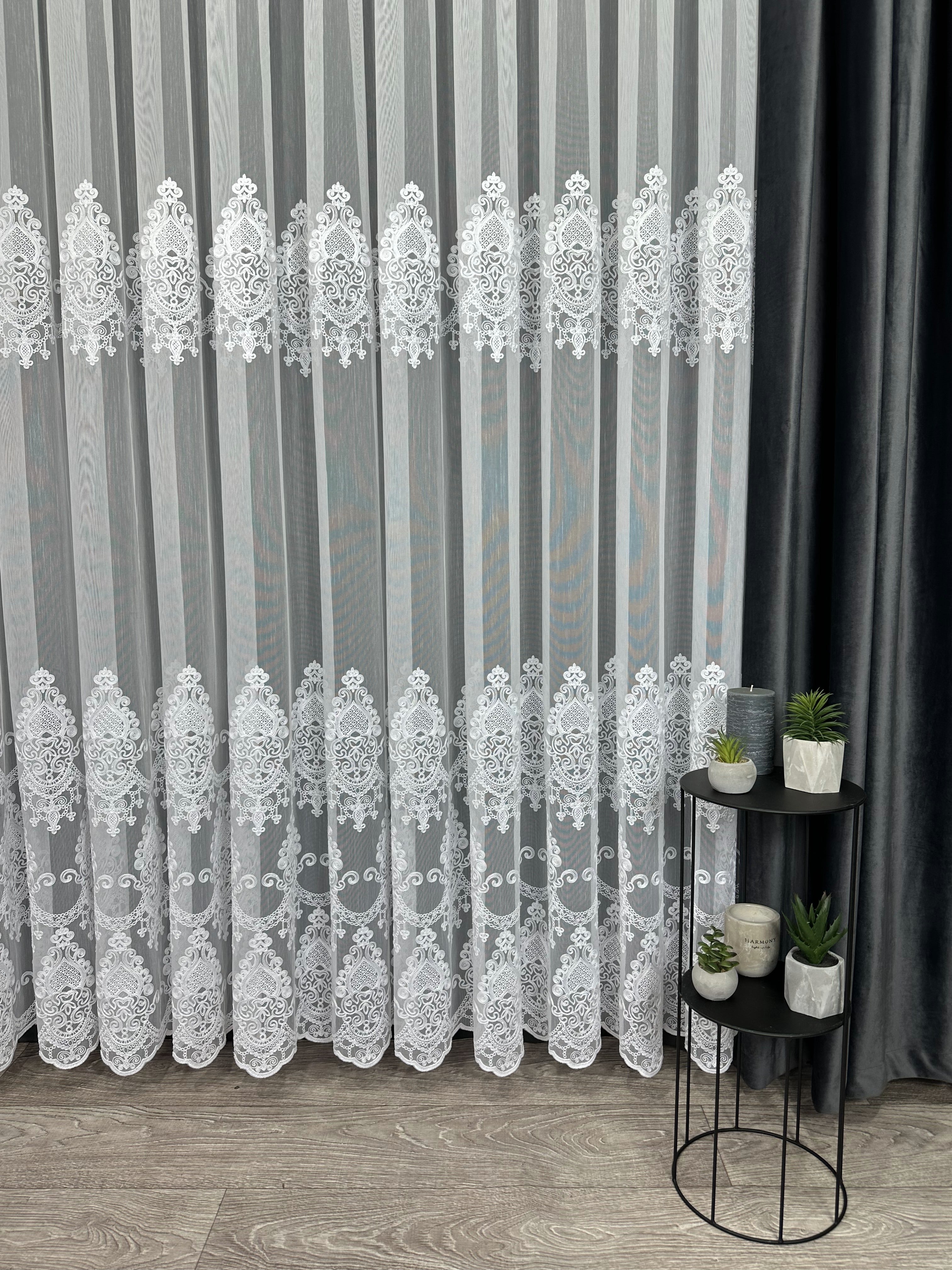 Bamboo-based sheer curtain with chenille embroidery, white color