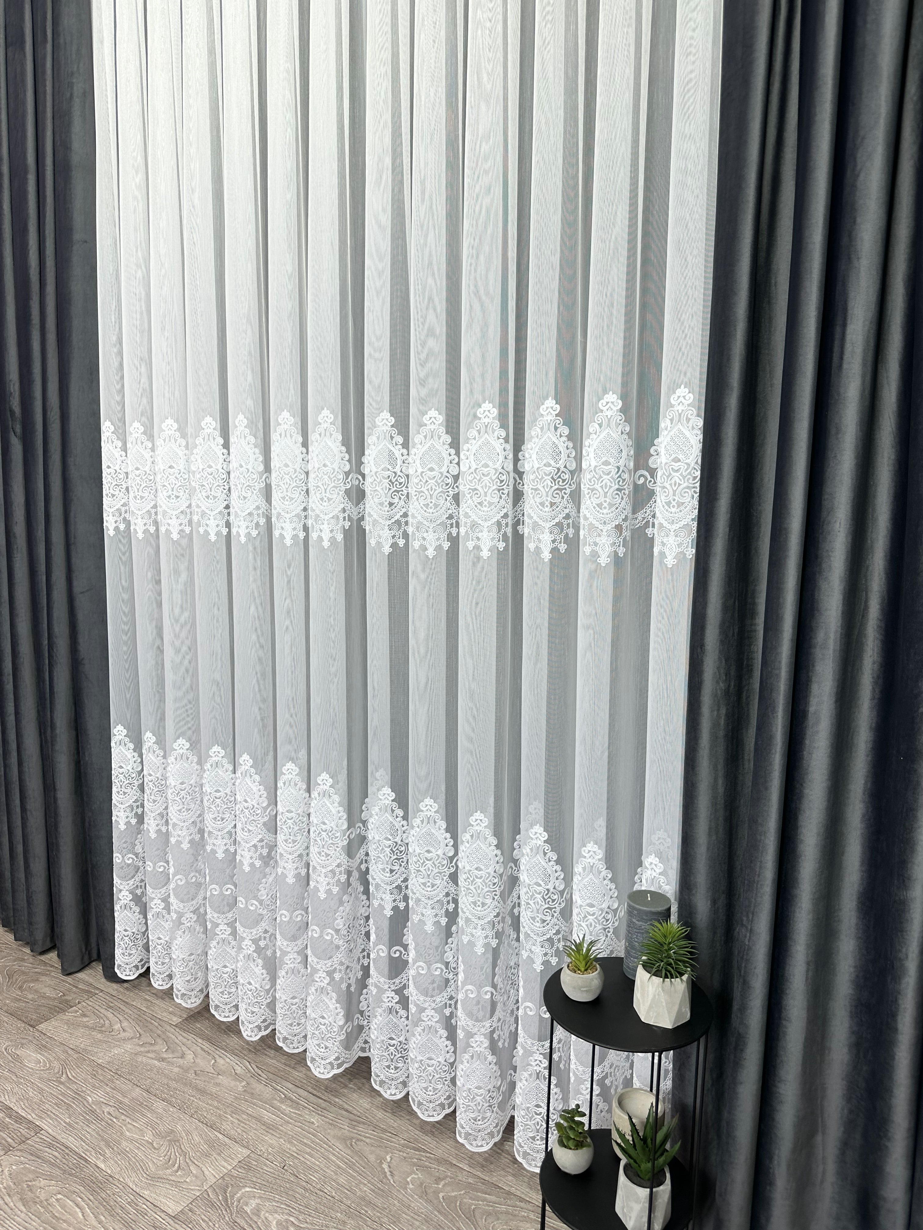 Bamboo-based sheer curtain with chenille embroidery, white color