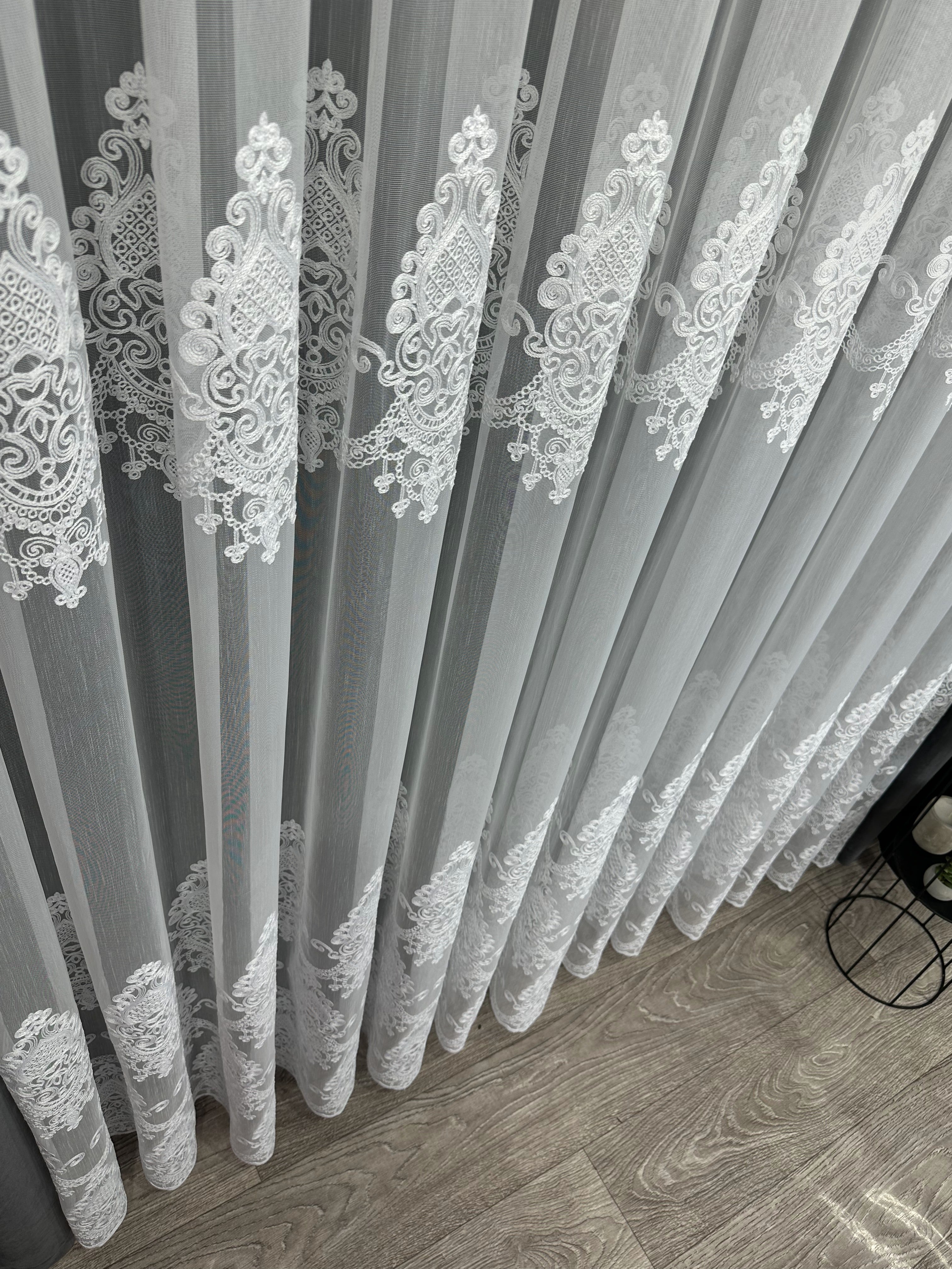 Bamboo-based sheer curtain with chenille embroidery, white color