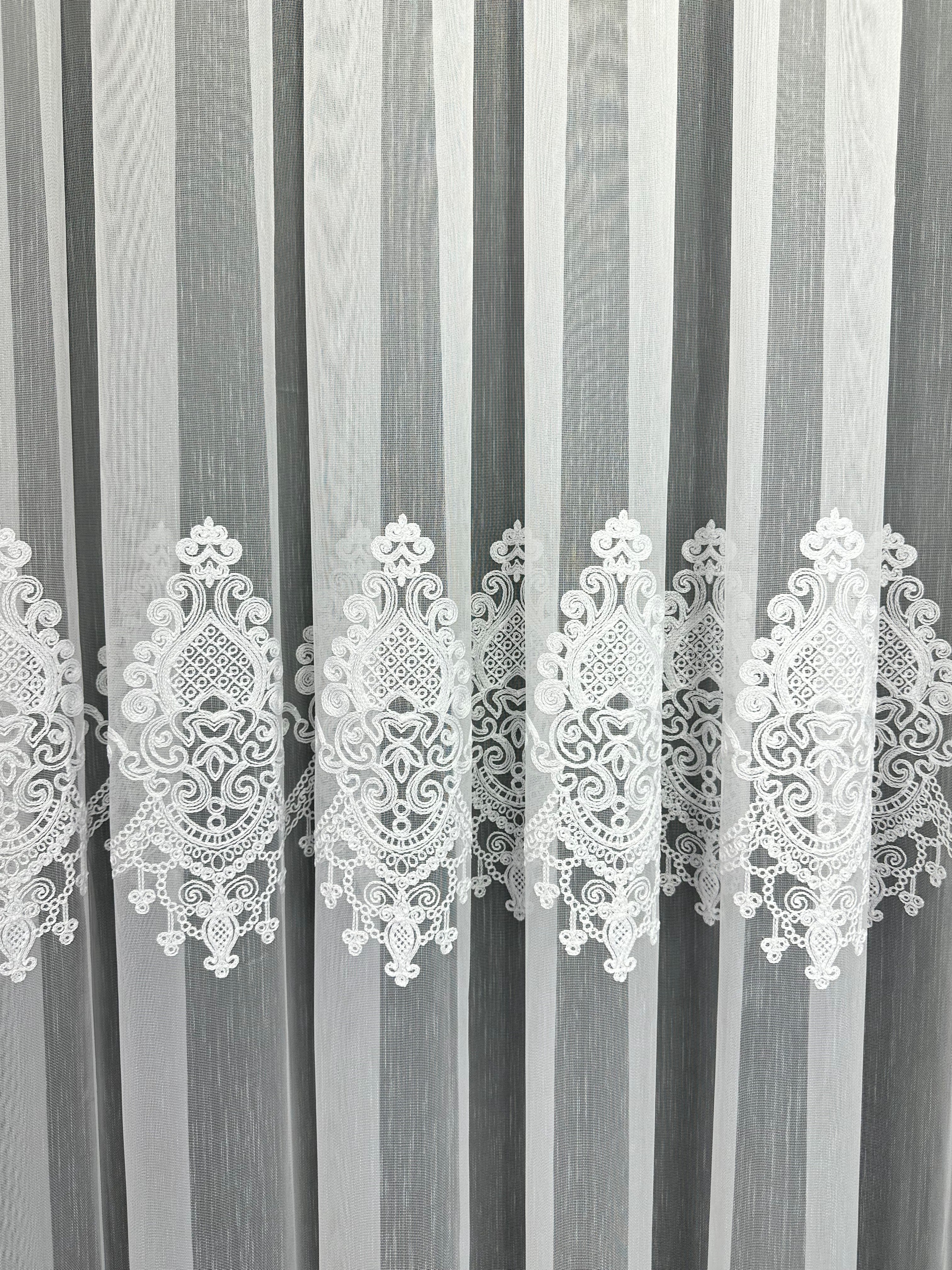 Bamboo-based sheer curtain with chenille embroidery, white color