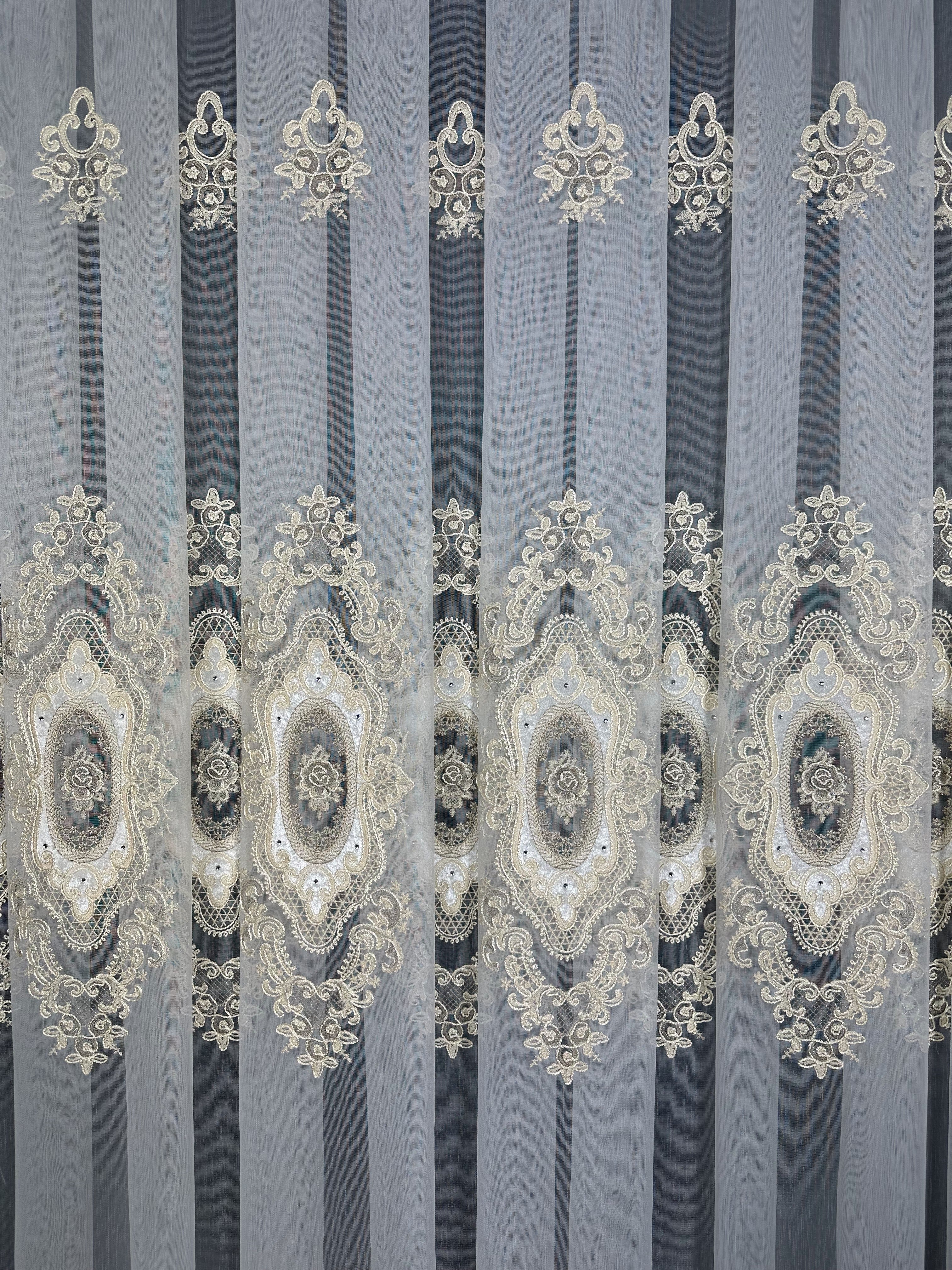 Sheer curtain with velvet inserts, stones and elegant embroidery, milk with gold color