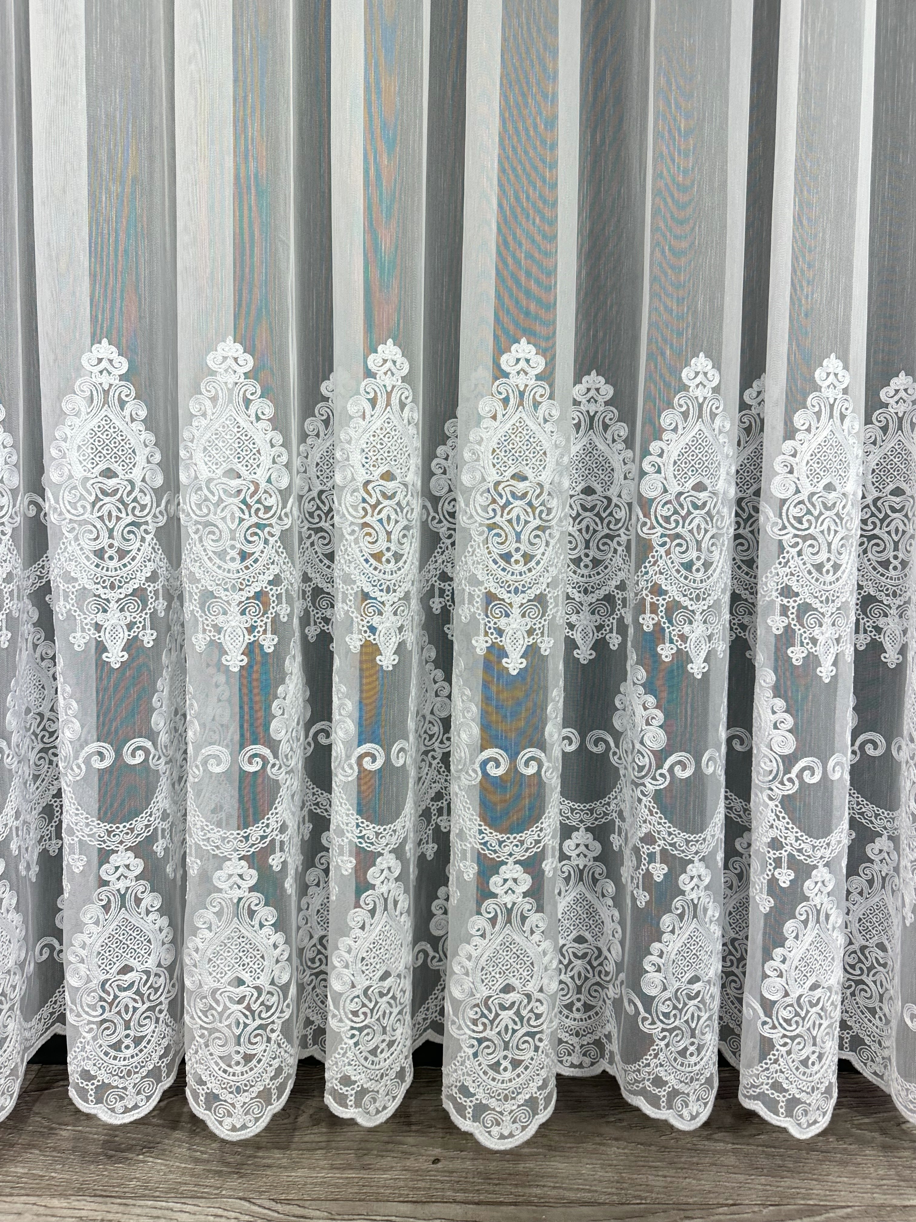 Bamboo-based sheer curtain with chenille embroidery, white color