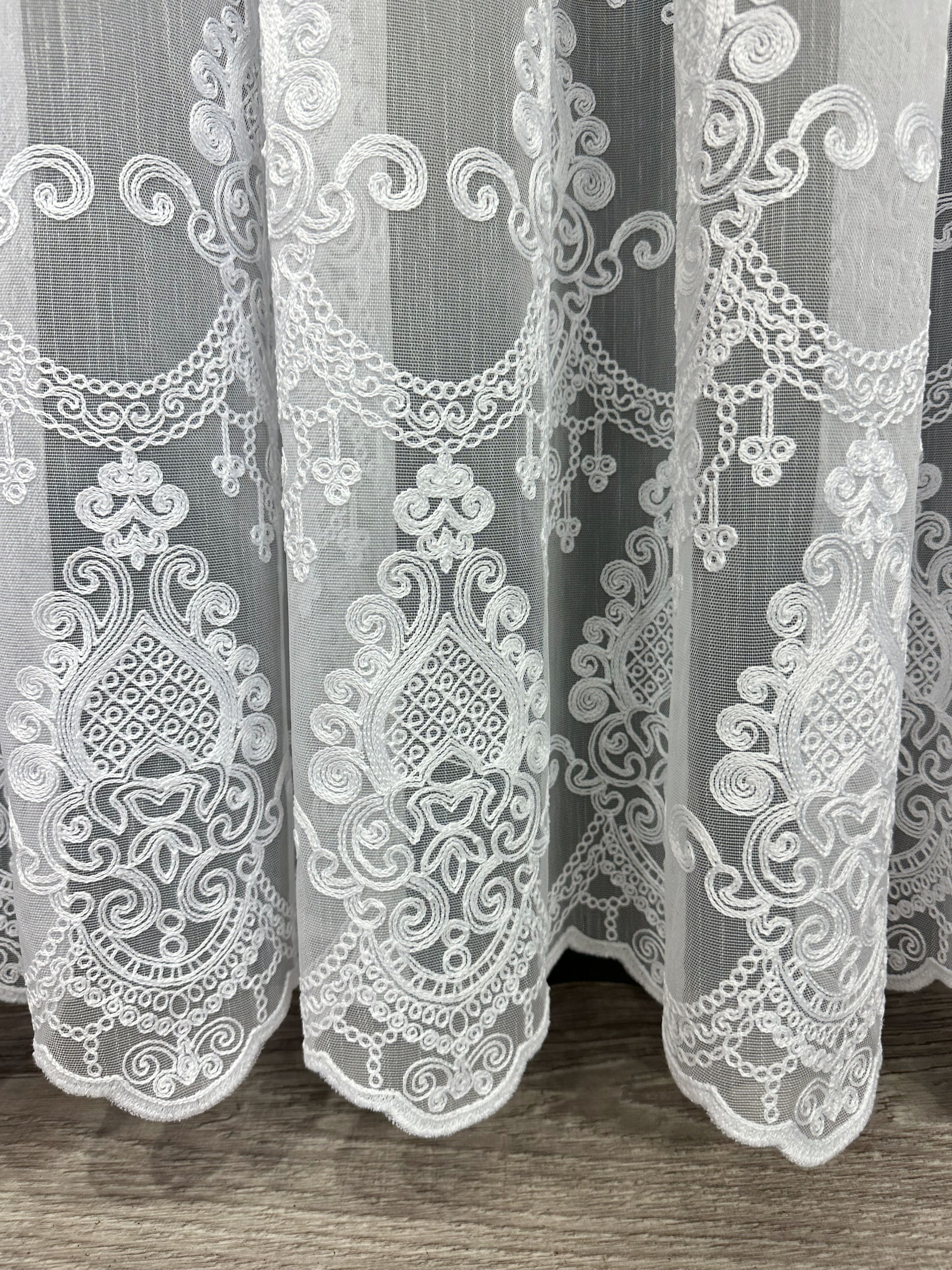 Bamboo-based sheer curtain with chenille embroidery, white color