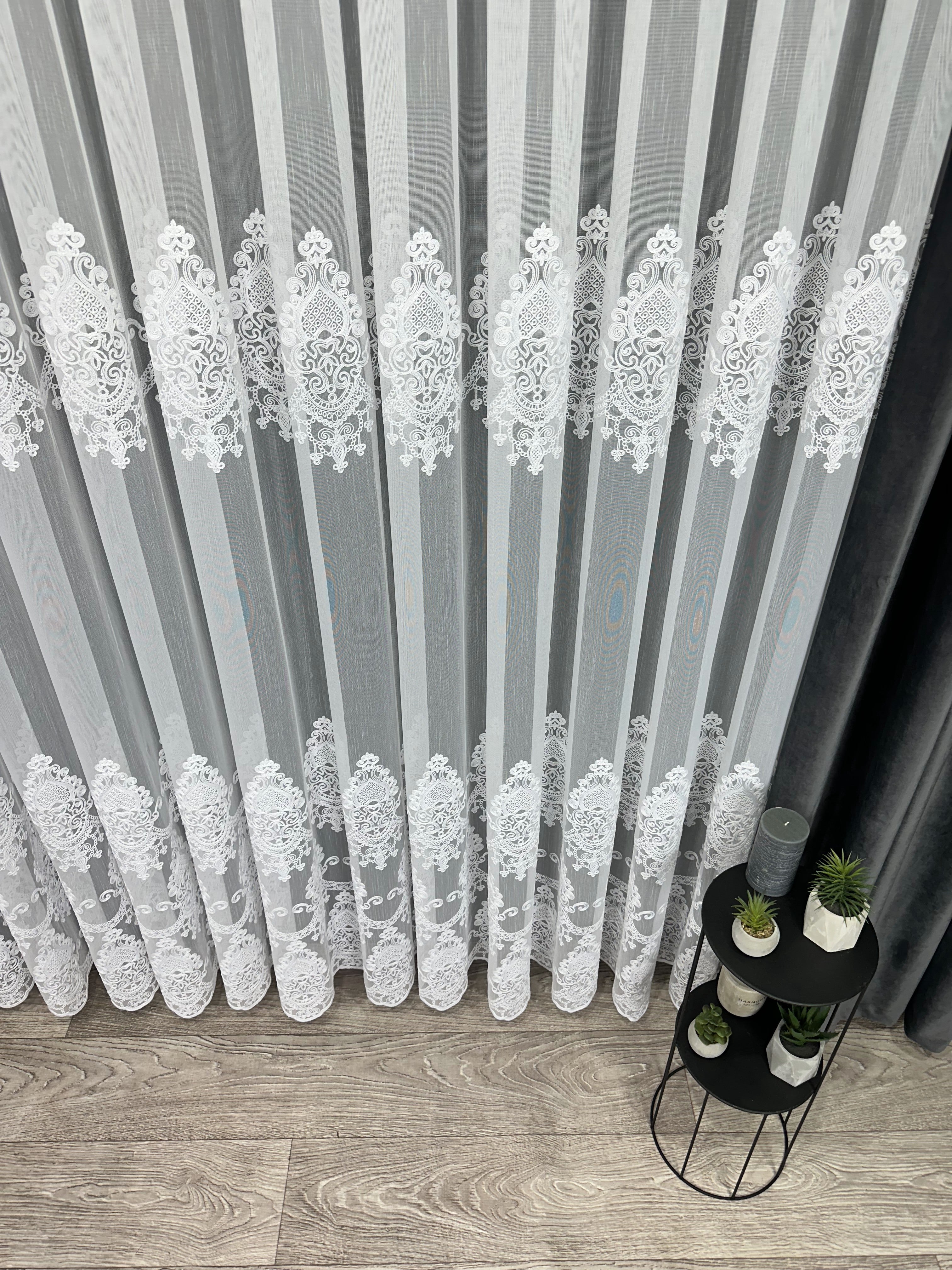 Bamboo-based sheer curtain with chenille embroidery, white color