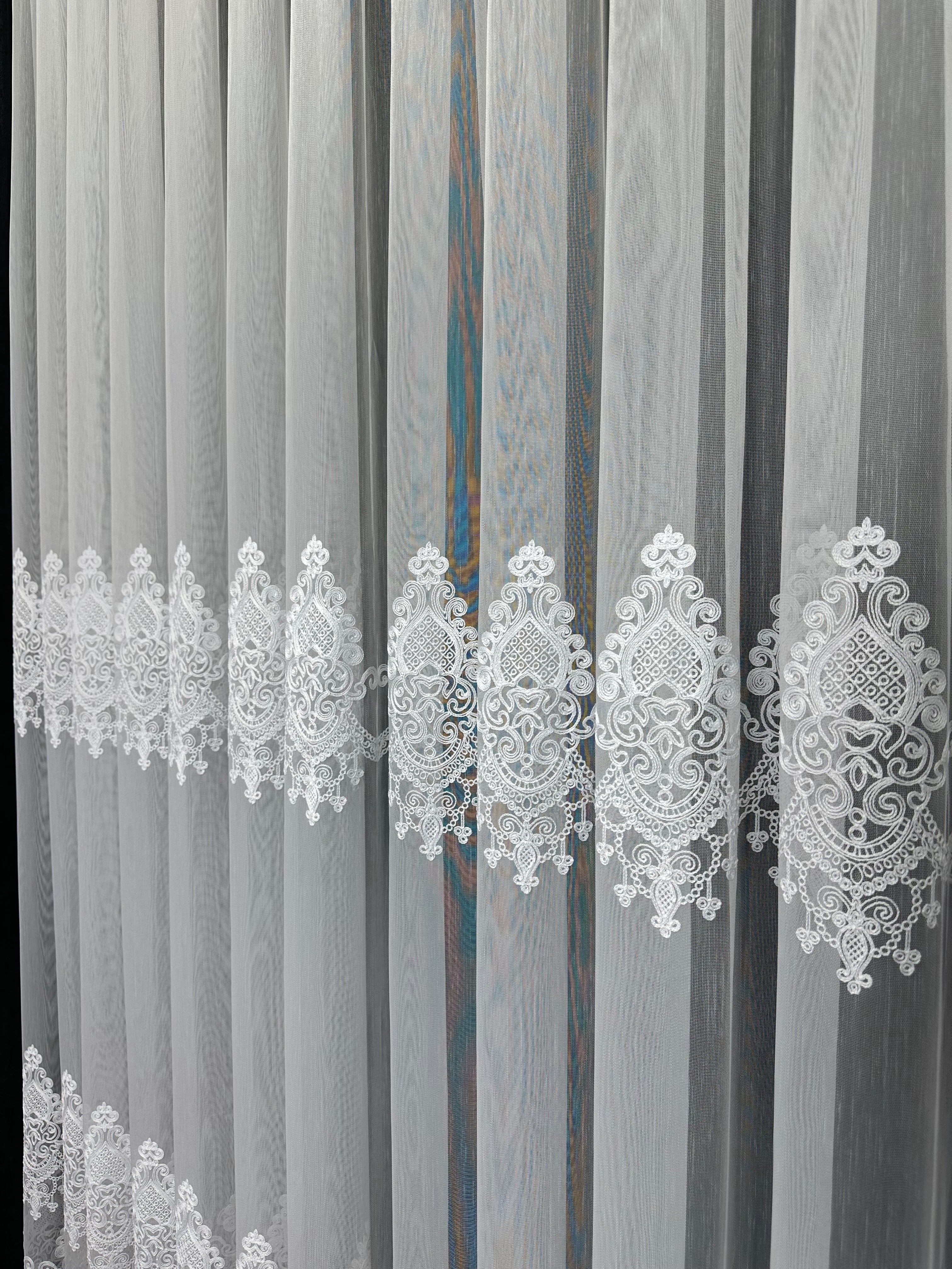 Bamboo-based sheer curtain with chenille embroidery, white color