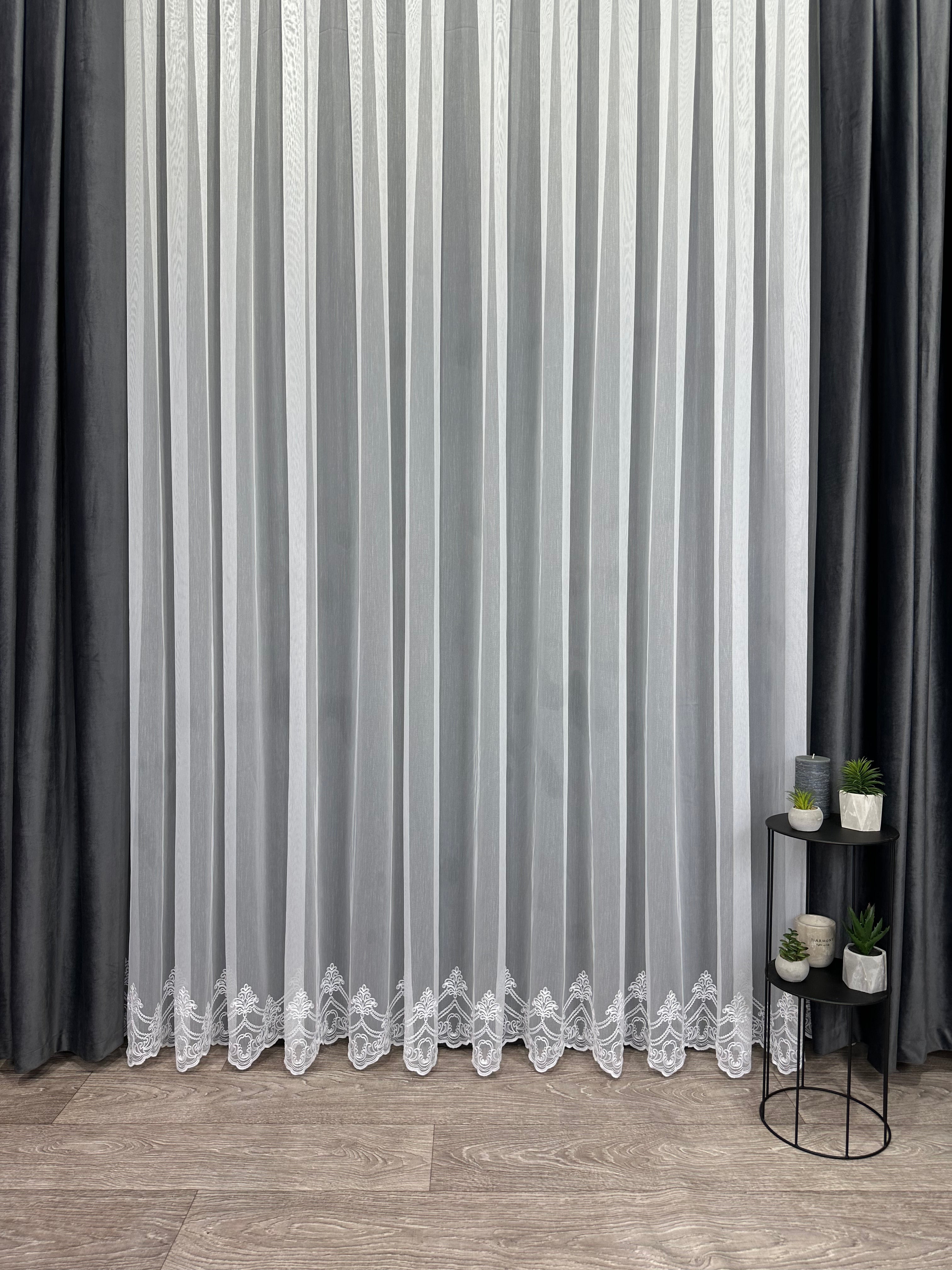 Bamboo-based sheer curtain with embroidery on the bottom, white color