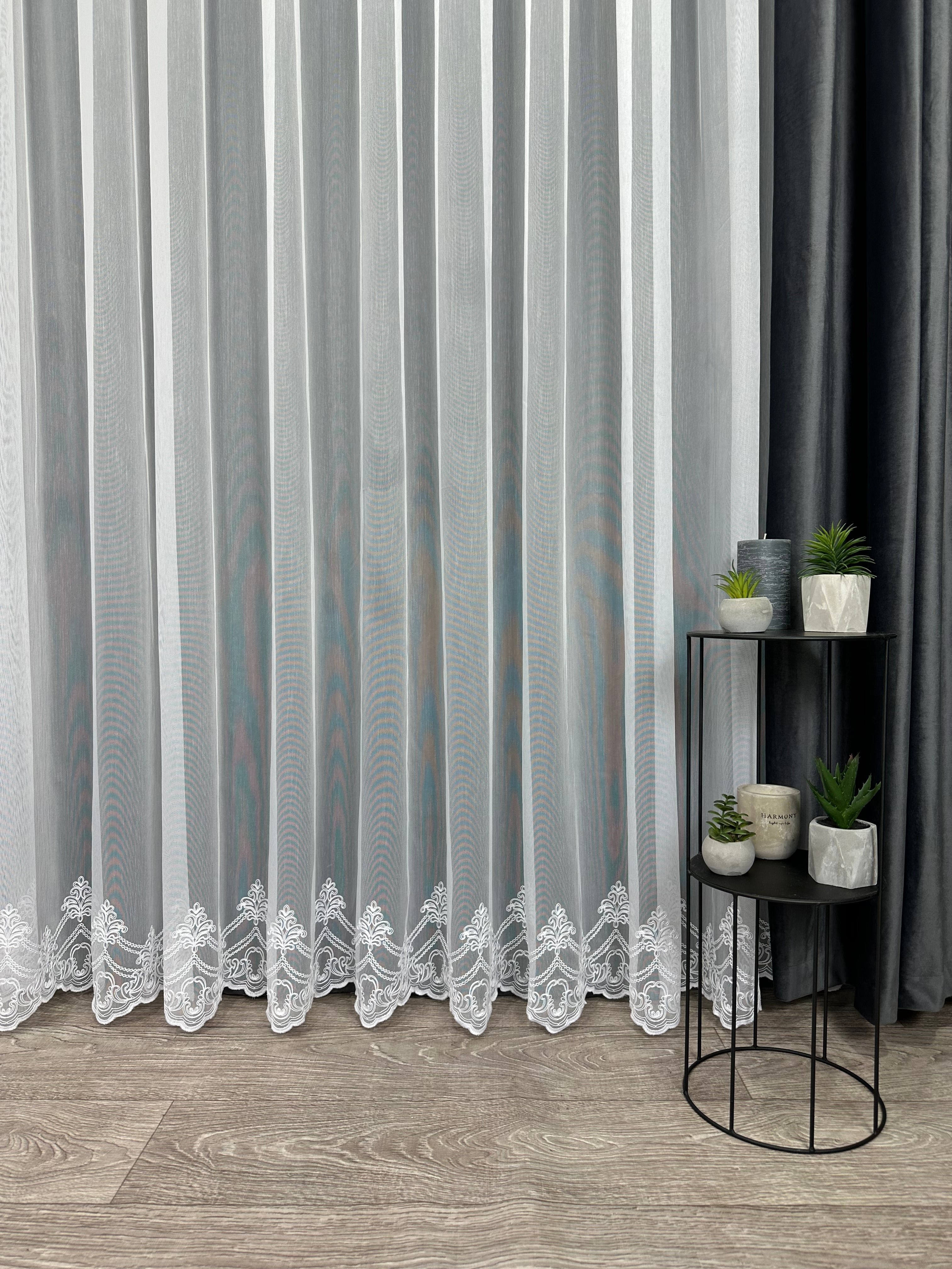 Bamboo-based sheer curtain with embroidery on the bottom, white color