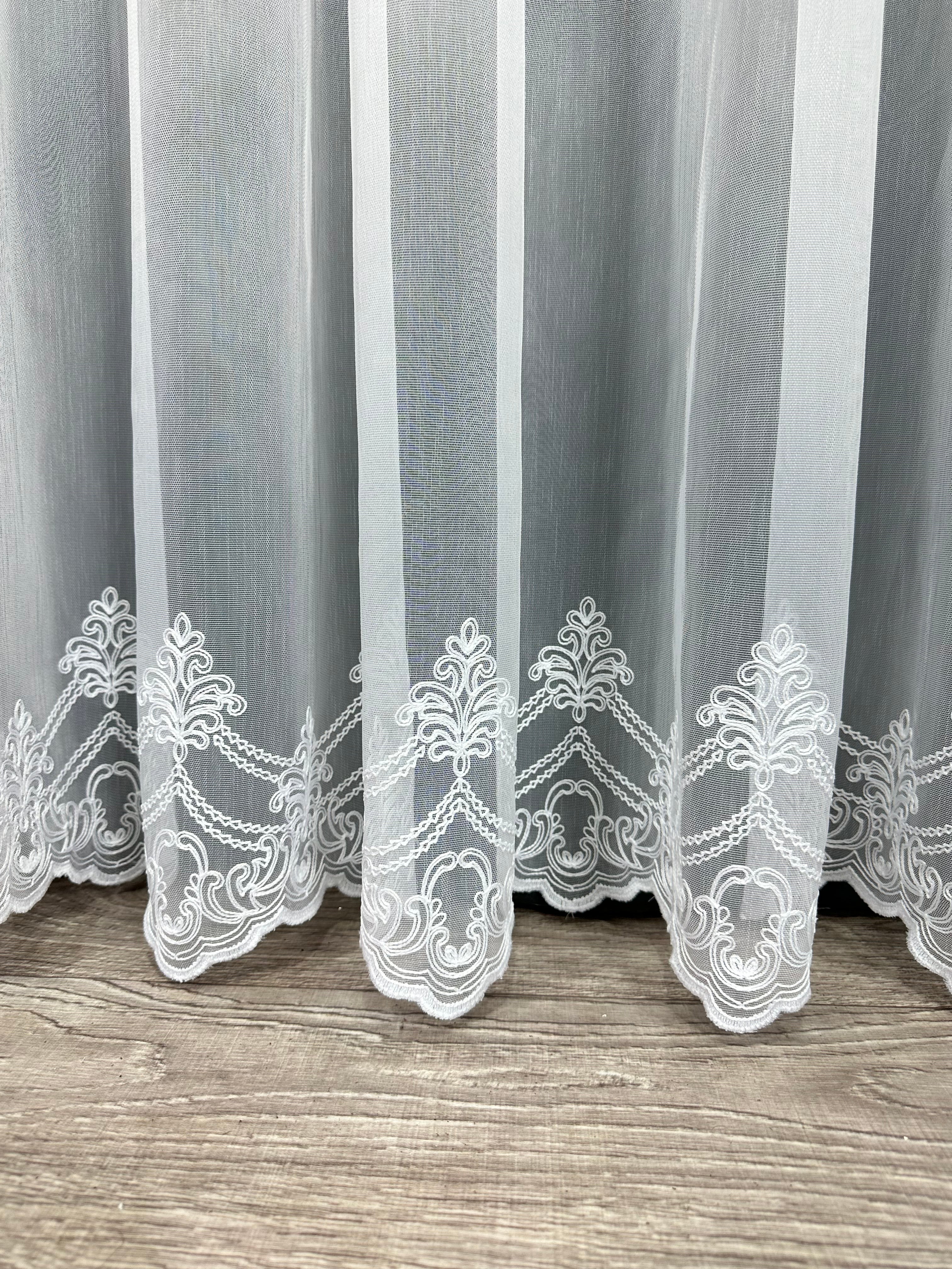 Bamboo-based sheer curtain with embroidery on the bottom, white color