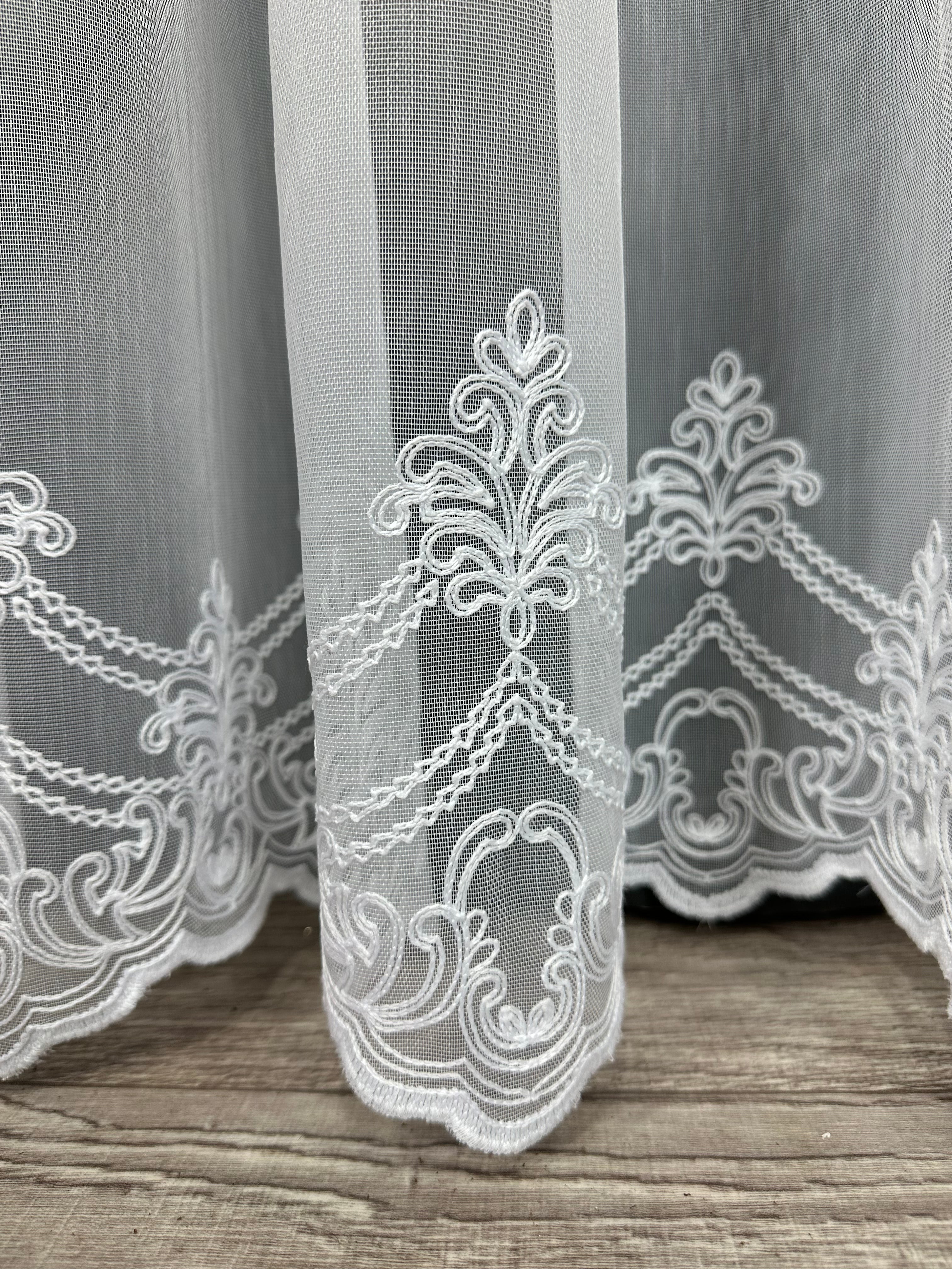 Bamboo-based sheer curtain with embroidery on the bottom, white color