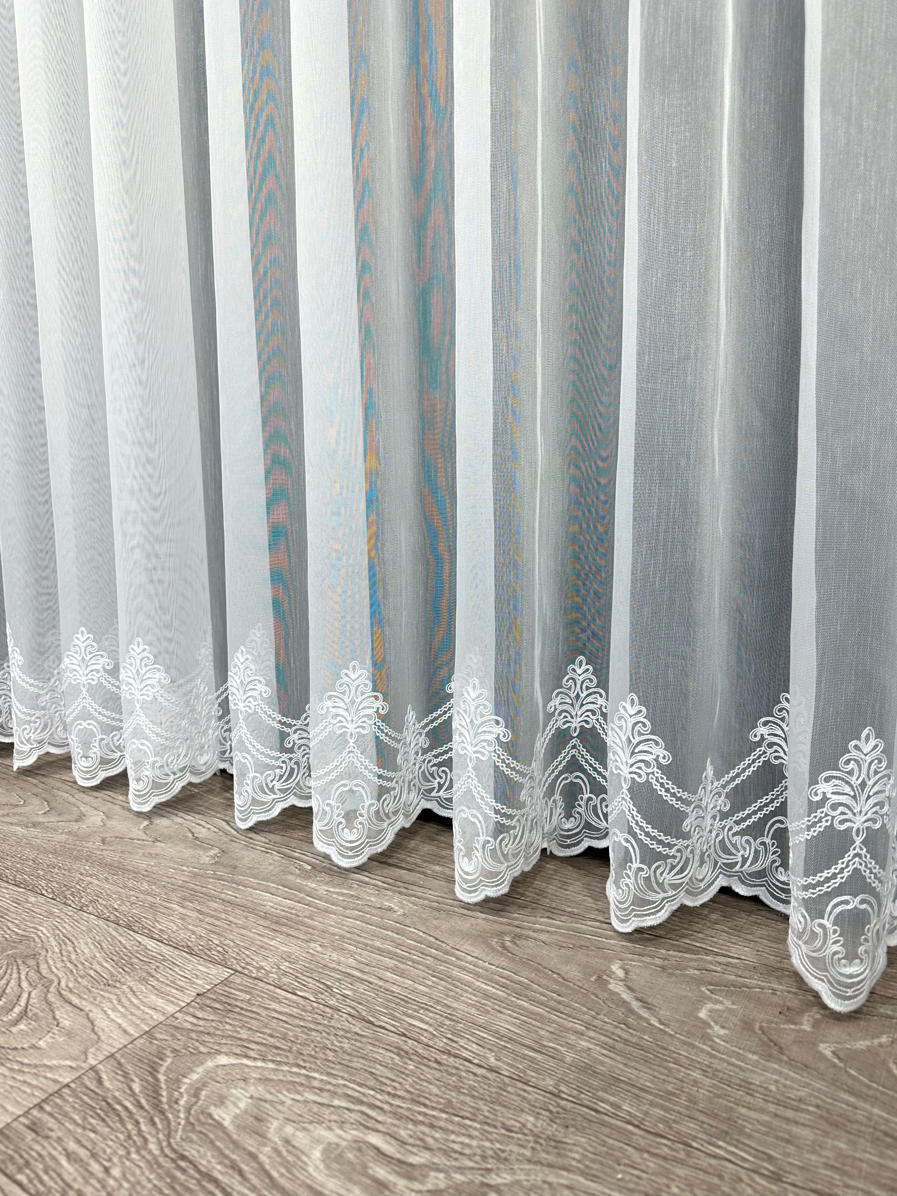 Bamboo-based sheer curtain with embroidery on the bottom, white color