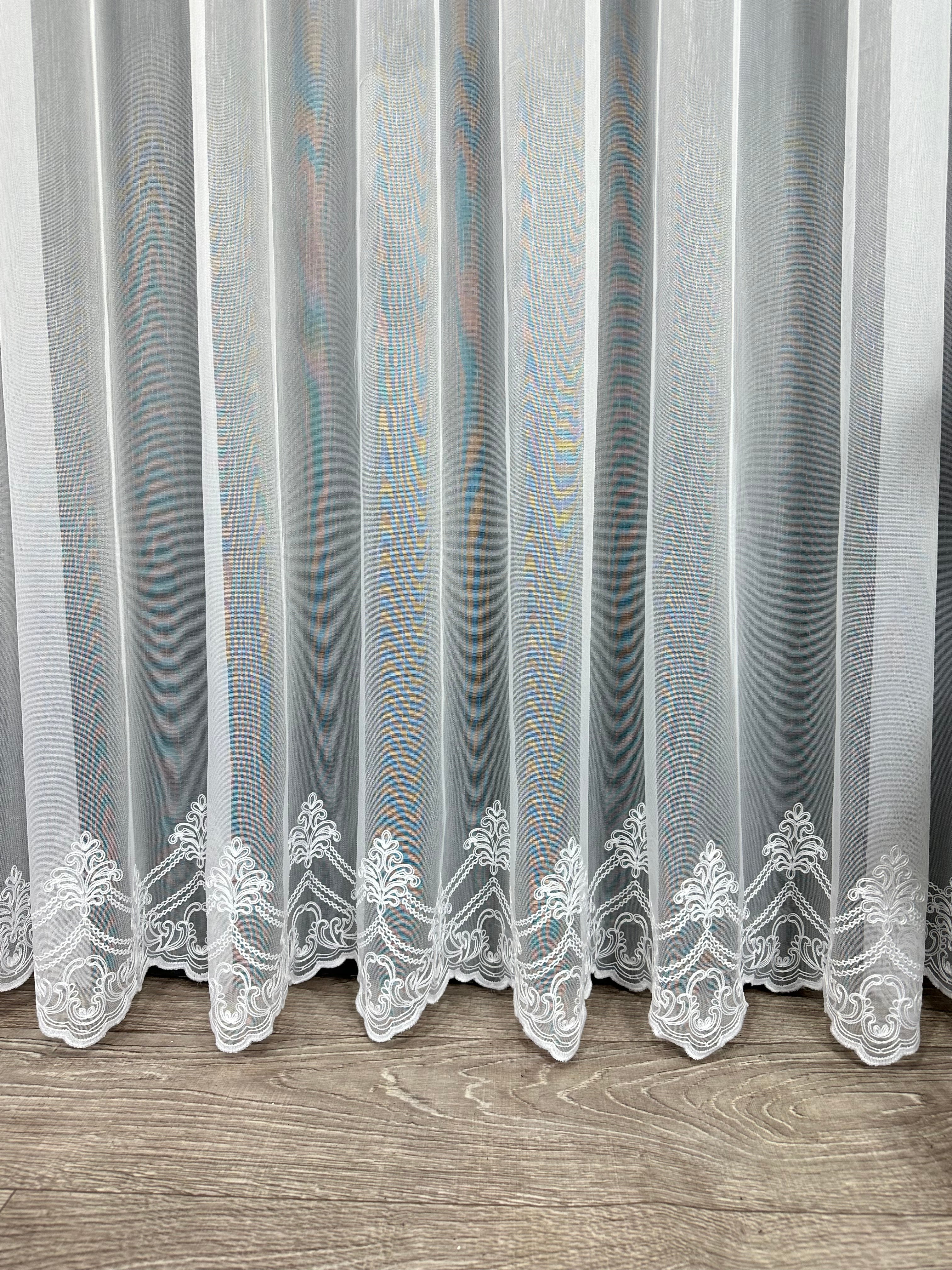 Bamboo-based sheer curtain with embroidery on the bottom, white color