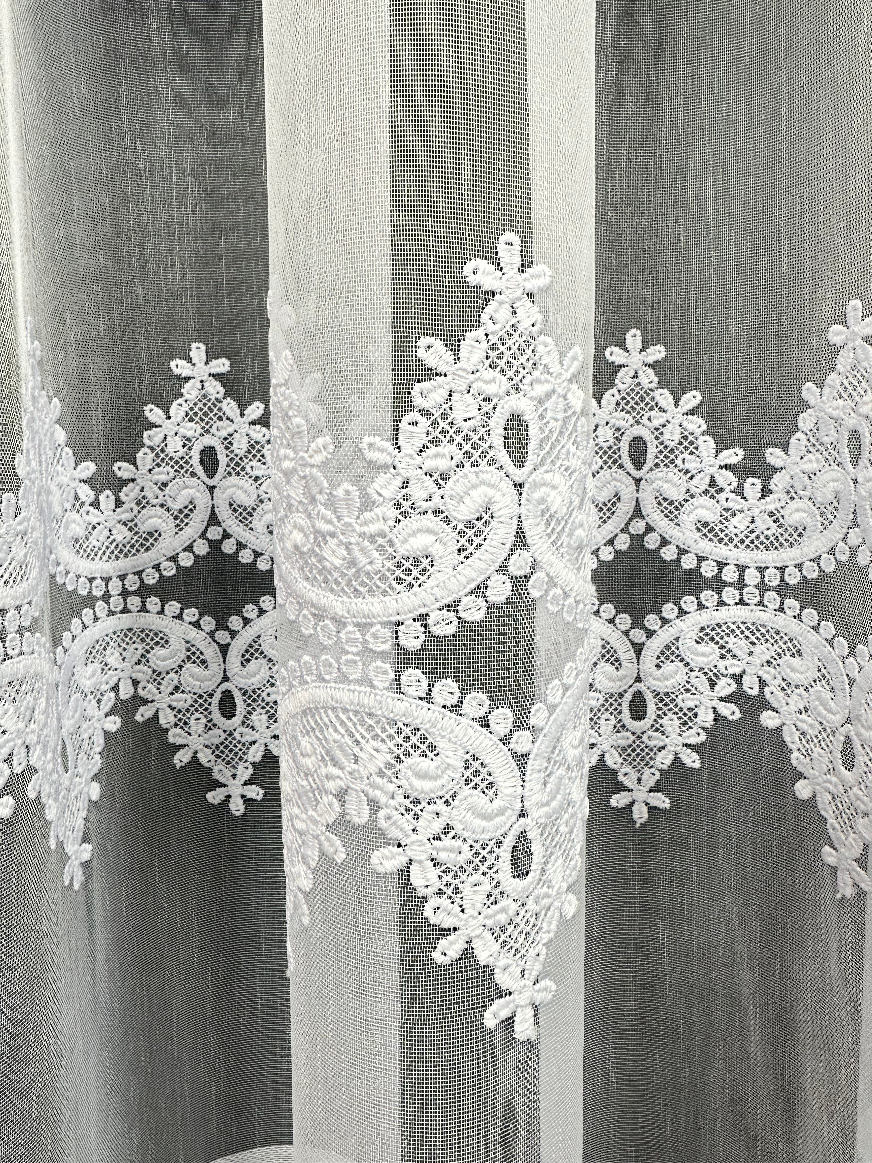 Bamboo-based sheer curtain with embroidery, white color